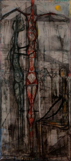 François HEAULME (1927-2005)
Crucifixion, 1959
Huile sur toile.
Signée et datée au dos.
168 x 75 cm