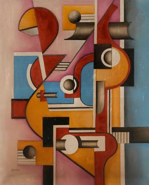 Jeanine JAKOBS (1932-2013
)L'Oiseau mécaniqueOil
on canvas.
Signed lower left.
Titled on the back on the stretcher.
(Dirt).
100 x 81 cm-
Provenance : 
Artist's studio (stamp on the

 back).





