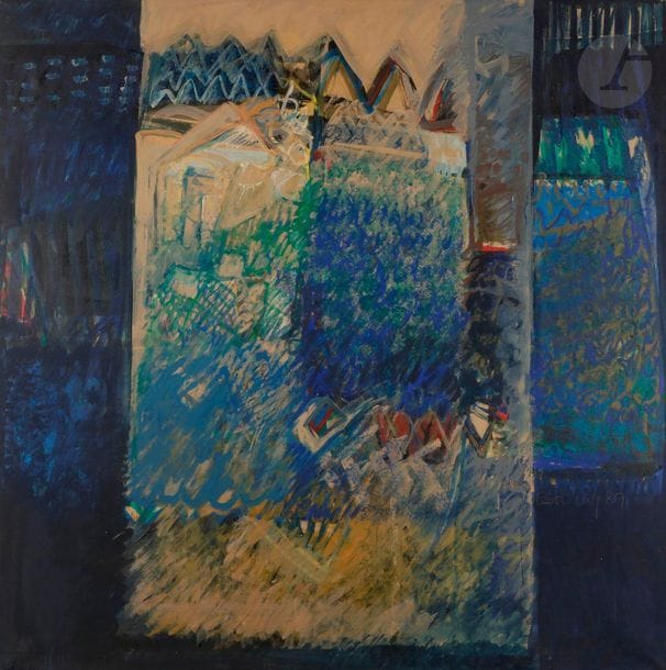 Esti LEVY (born 1944
)Large blue square V, 1989Oil
on kraft paper pasted on canvas.
Signed and dated lower right.
Signed, dated and titled on the back.
116 x 116 cm




.