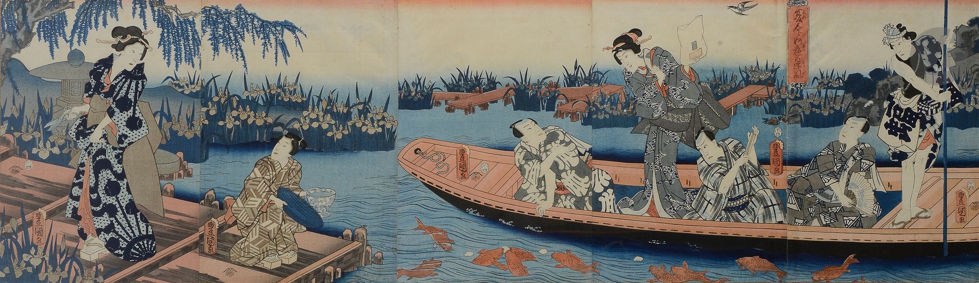 Utagawa Toyokuni III, Japan, ca. 1858Pentaptych
, ink and polychrome on ōban tate-e paper titled: Forgetting the summer heat with the cool garden wind (Natsu shiranu niwa no ryōfū). Actors Ichikawa Yonejurō II, Sawamura Tosshō II, Iwai Kumesaburō III, and Nakamura Fukusuke on a boat ride among the irises.
Publisher: Tsutaya Kichizō (Kōeidō).
Framed under glass, insolate.


