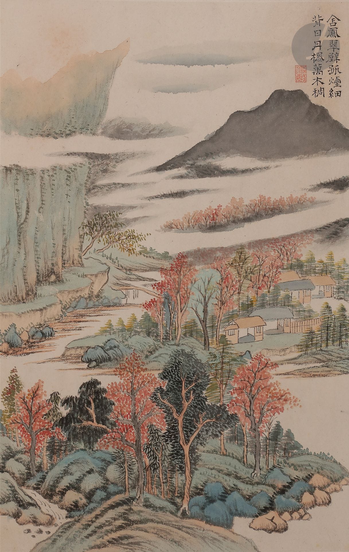Album de peintures d’après Wang Shimin (王時敏, 1592-1680), Les sentiments poétiques de Du Fu, XIXe siècle 
Contenant huit peintures sur douze et un colophon illustrant des paysages inspirés par les poèmes de Dufu, un des grands poètes de l’époque Tang. Chaque peinture est accompagnée d’un poème et d’un cachet d’artiste. Il s’agit probablement là d’une copie de l’album original effectuée au XIXe siècle. L’album est contenu dans un emboîtage en bois recouvert d’un brocart de soie à décor floral dans des réserves géométriques.
49 x 32 cm

Wang Shimin (王時敏, 1592-1680), pseudonyme Xilu Laoren (西廬老人), est l’un des peintres du groupe appelé les quatre Wang avec Wang Jian (1598–1677), Wang Hui (1632–1717) and Wang Yuanqi (1642–1715).
