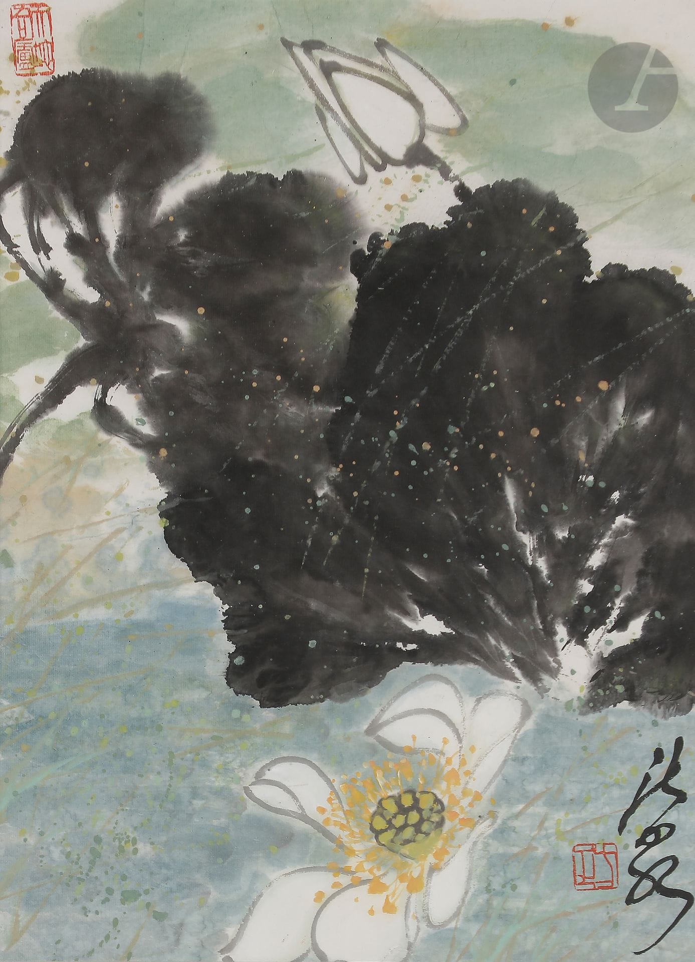 École chinoise du XXe siècle
Les lotus 
Encre et couleur sur papier. 
Cachet rouge et signature d’un artiste non identifié.
Dim. à vue : 49 x 36,5 cm
Encadrée sous verre.