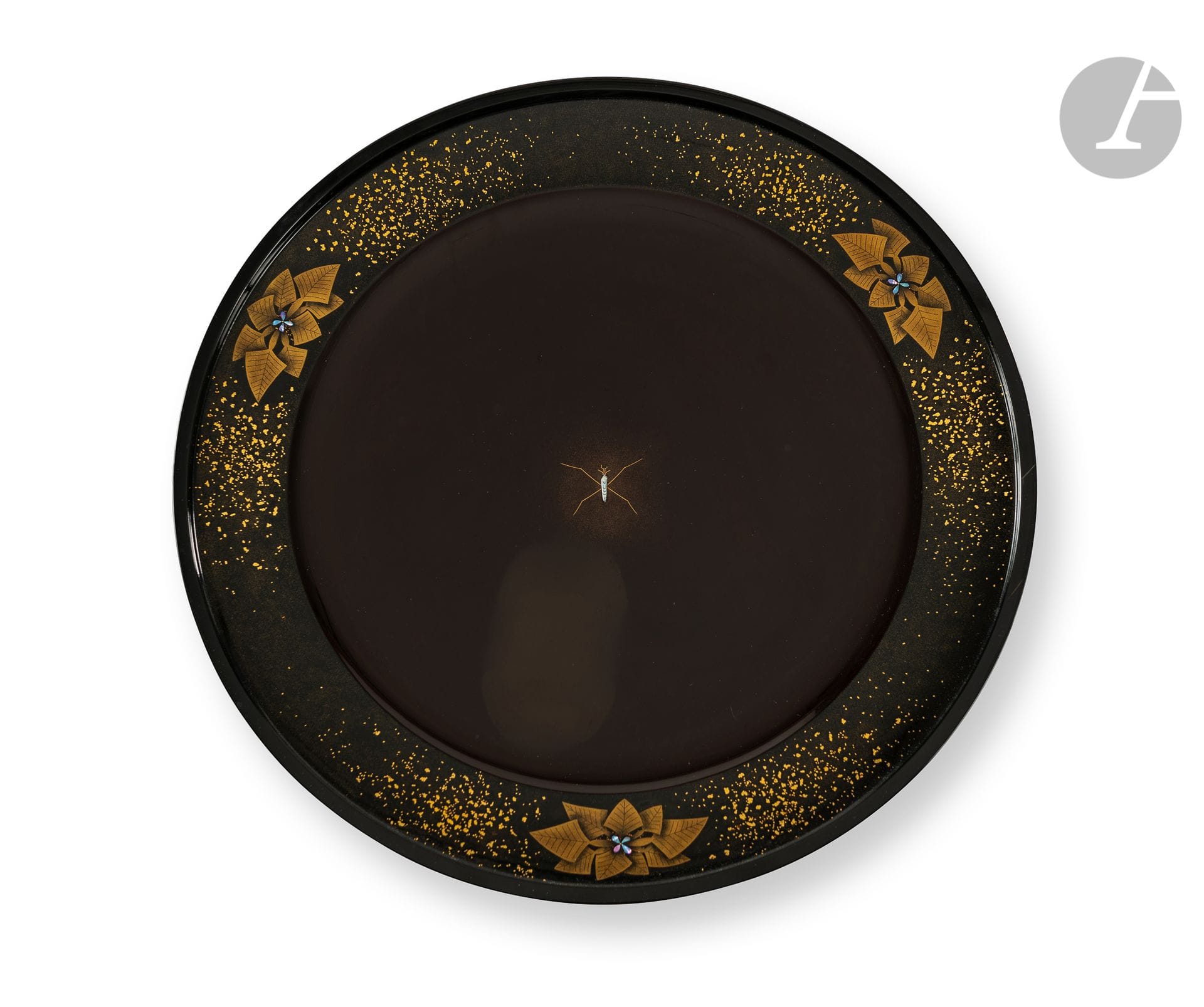 Large black and gold lacquered wooden platter, Kisoshikki, Japan, contemporary work of Akasaka Katsurō
赤阪勝郎 
Roiro lacquer background decorated in hiramakie, nashiji, togidashi and raden takazogan (mother-of-pearl inlays in high relief). The decoration shows a lake insect called "gerris" or water spider or water skater, seeming to float on the middle of the tray while the rim is decorated with stylized plants called callitriches (palustris) and small gold dots in kirigane on a black lacquer background giving an impression of both stagnant water and depth. 
Diameter: 45.5 cmThis

aquatic decoration explains the name given to this object, a name indicated both on the box and on the various labels mizube 水辺 (by the water) : on the lid it says mizube makie moriutsuwa 水辺 蒔絵盛器 (by the water, lacquer vessel) and on the labels are the name of the artist as well as the address of the workshop - Akasaka Katsurō 赤阪勝郎 whose address is Nagano ken - Kiso gun - Narukawa Mura - Hirasawa（長野県木曽郡楢川村平沢).
This area is known for its production of lacquerware called Kisoshikki (Kiso lacquerware) and was classified by the Ministry of Economy and Industry in 1975 as a traditional handicraft area.





 