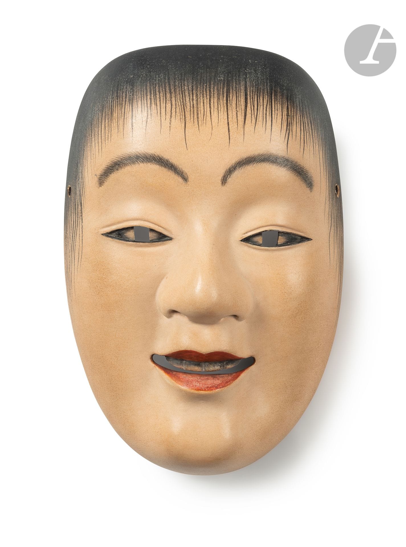 Nō mask, Japan, contemporary periodIn
cypress wood covered with gofun and depicting the character of Doji, a young man with white skin and half-closed eyes. Unsigned, attributed to Nōtatsu Takewaki.
Height : 20,5 cm

