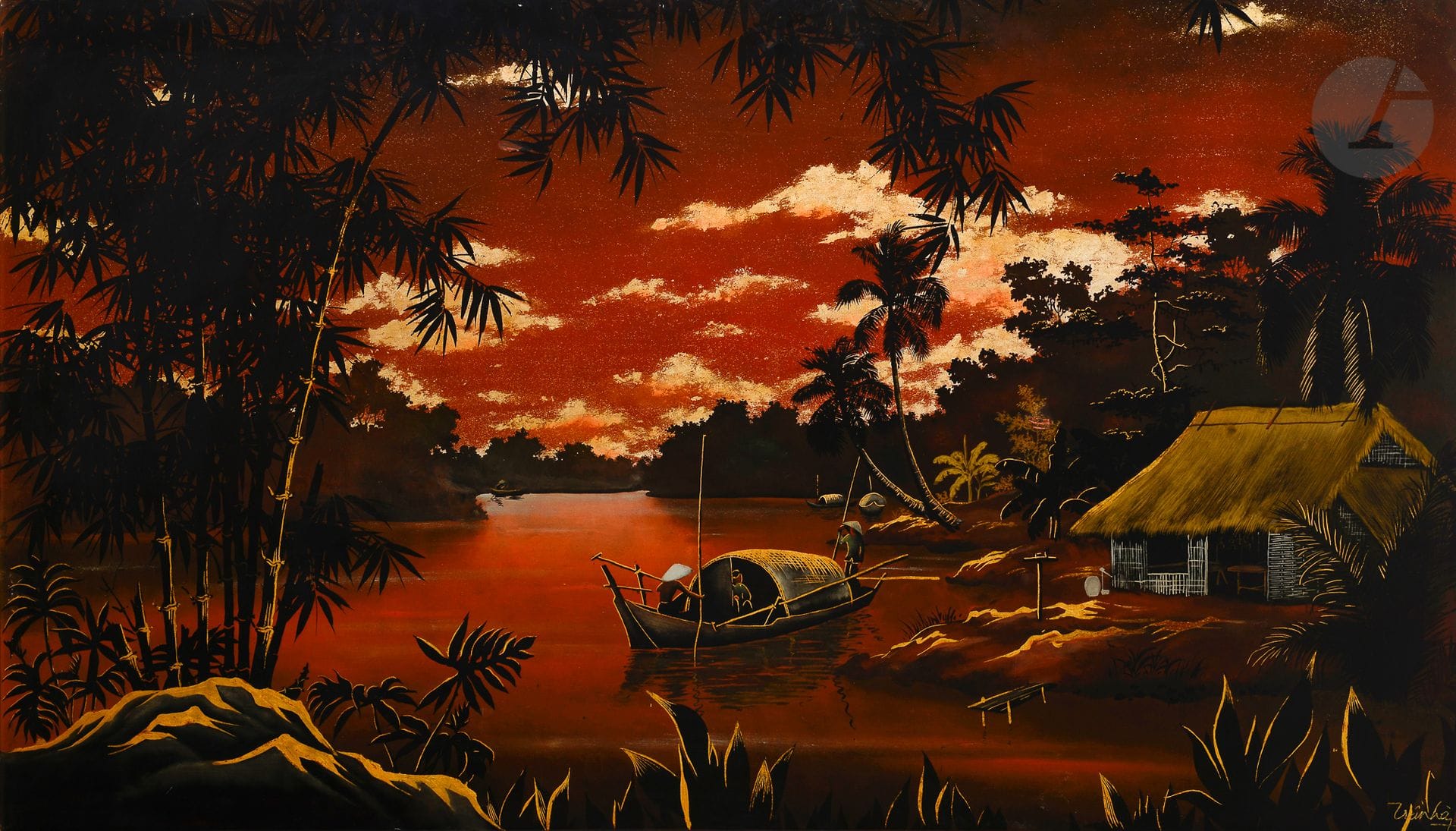 Lacquered wood panel signed Trầnhà (1911-1974), Vietnam, Ca. 1960-1970Decorated
in predominantly red, black and gold polychrome with a scene of men on a sampan near an islet where a thatched jungle cassina stands. The scene is surrounded by a grove of bamboo and, in the background, a luxuriant vegetation. Signed lower right Tran Van Ha's artist name.
68 x 120 cmTwo
scratches in the lacquer.


