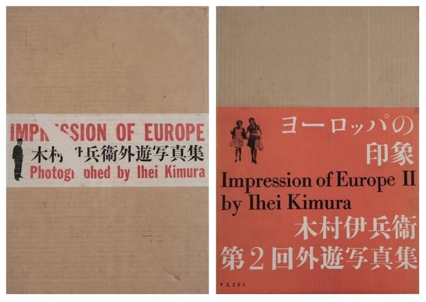 Kimura, Ihei (1901-1974)
Impression of Europe. I & II. Asahi Shimbun, Tokyo, 1955. Vol. I: 50 pp. de texte et 203 illustrations en noir et blanc et en couleurs. Vol. II: 32 pp. de texte et 82 illustrations. In-4 (30 x 21 cm). Deux volumes. Edition originale. Cartonnages d'éditeur avec jaquettes illustrées. Emboîtages en carton d'origine avec titres contrecollés en bandeau. Kimura, Ihei (1901-1974) Impression of Europe. I & II. Asahi Shimbun, Tokyo, 1955. Two volume set. Offsetting to endpapers on both volume. Otherwise a near fine set in lightly used original shipping cartons.