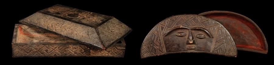 Lot de 2 boîtes à fard KUBA (R.D. Congo) Une grande boîte en forme de croissant décorée de motifs géometriques et d'un visage schématique et une boîte rectangulaire à décor de motifs géométriques et d'une araignée symbolique. Belle patine brune nuancée de grande utilisation. Longueurs: 22 cm et 40 cm.