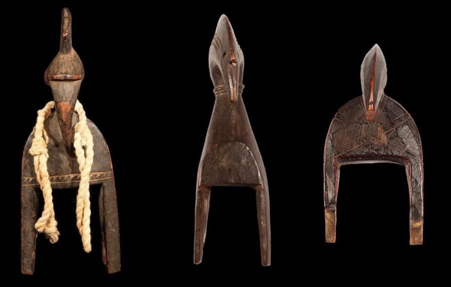 Lot de 3 poulies de métier à tisser SENOUFO (Mali / Côte d'Ivoire). Hauteurs: 20 cm; 19 cm et 12 cm.