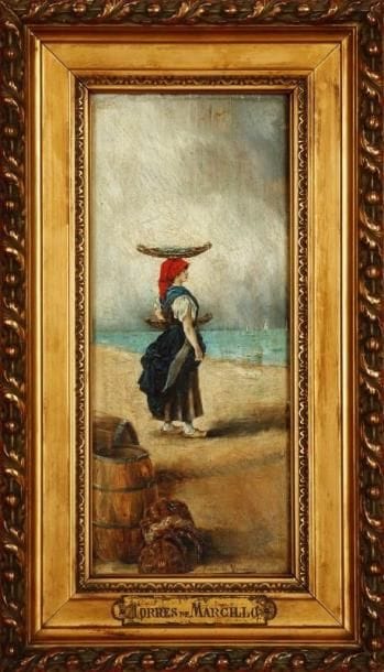 Marcillo DE TORRES (XIXe siècle)
Jeune Napolitaine. Huile sur panneau. Signée en bas et datée 15 juillet 88 en bas à droite. 28 x 12 cm