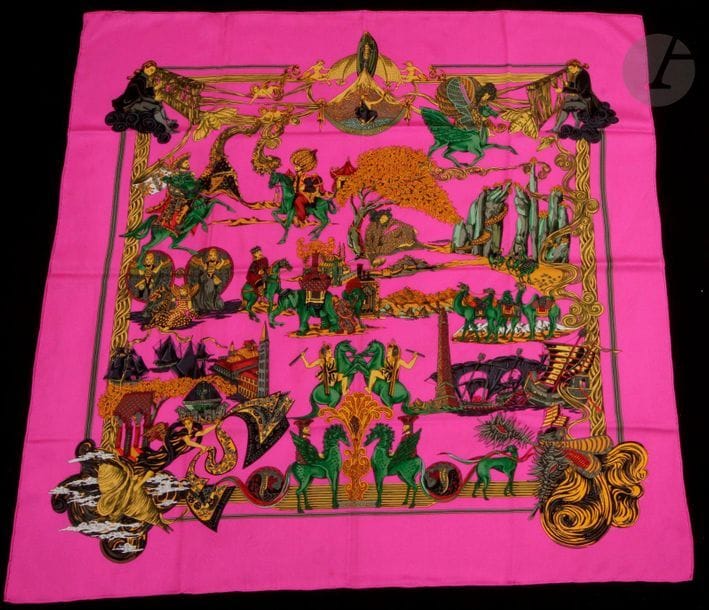 HERMÈS square, "Au fil de la soie", fushia background, fushia surround.

Trace.