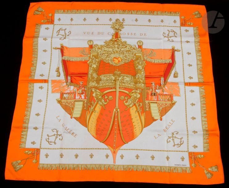 HERMÈS square, "View from the coach of the Galère - La Réale", white background, orange border. In its box.

Small spots.