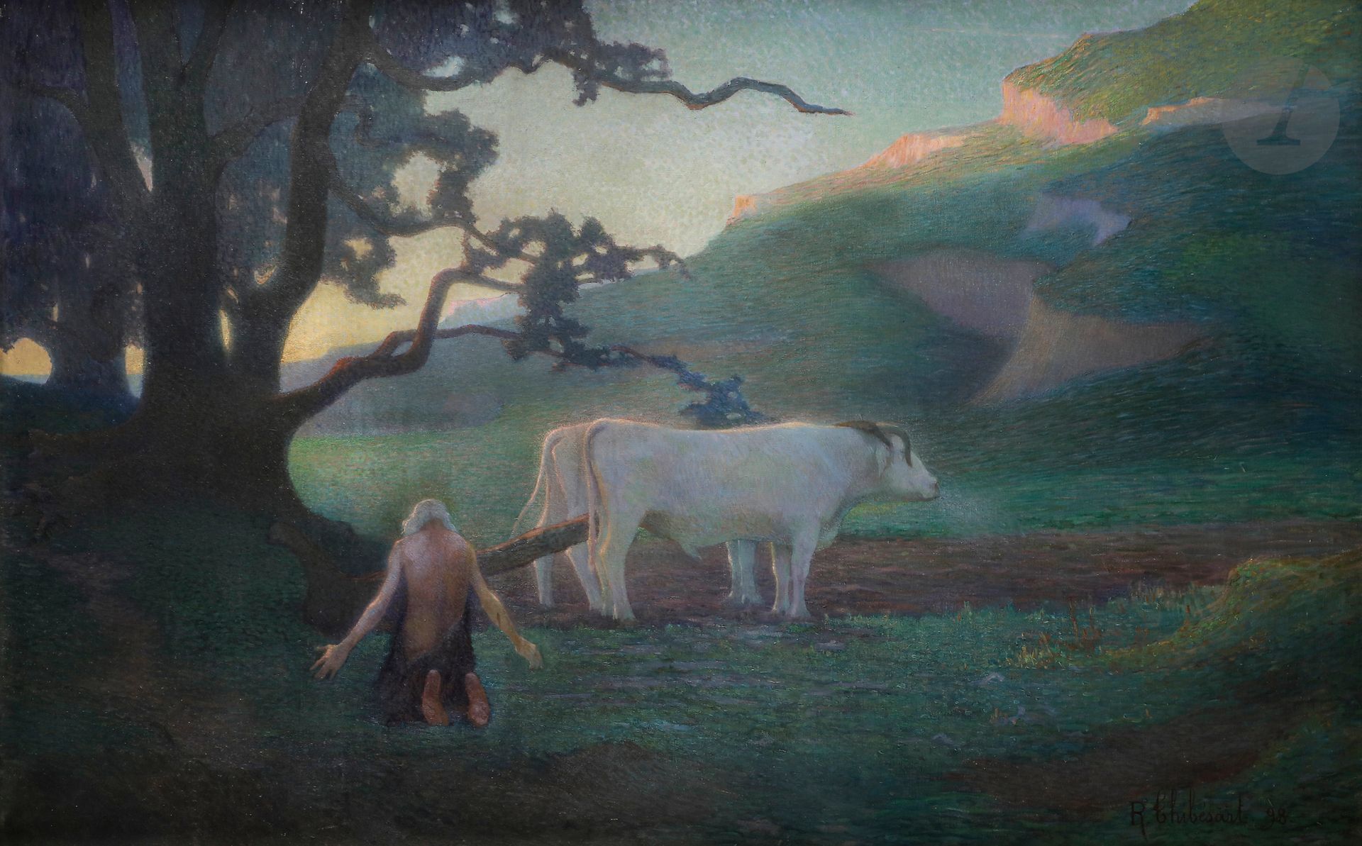Raymond THIBÉSART (1874-1968) 
Le Repos du Laboureur, 1898 
Huile sur toile. 
Signée et datée en bas à droite. 
(Petits manques et usures en partie basse). 
91 x 140 cm 

Provenance : 
Famille de l'artiste.