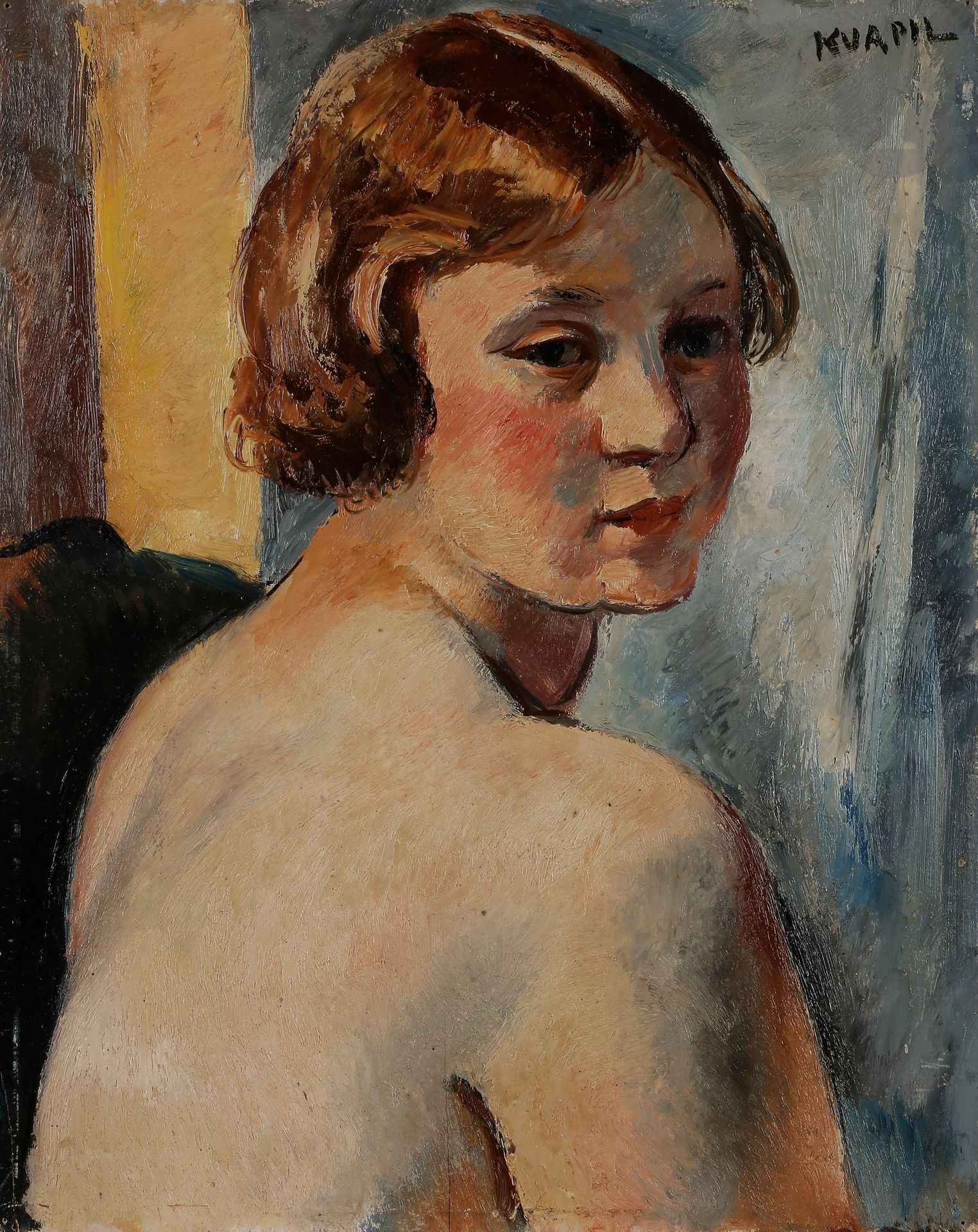 Charles KVAPIL (1884-1958) 
Jeune fille nue de dos 
Huile sur panneau. 
Signée en haut à droite. 
41 x 33 cm