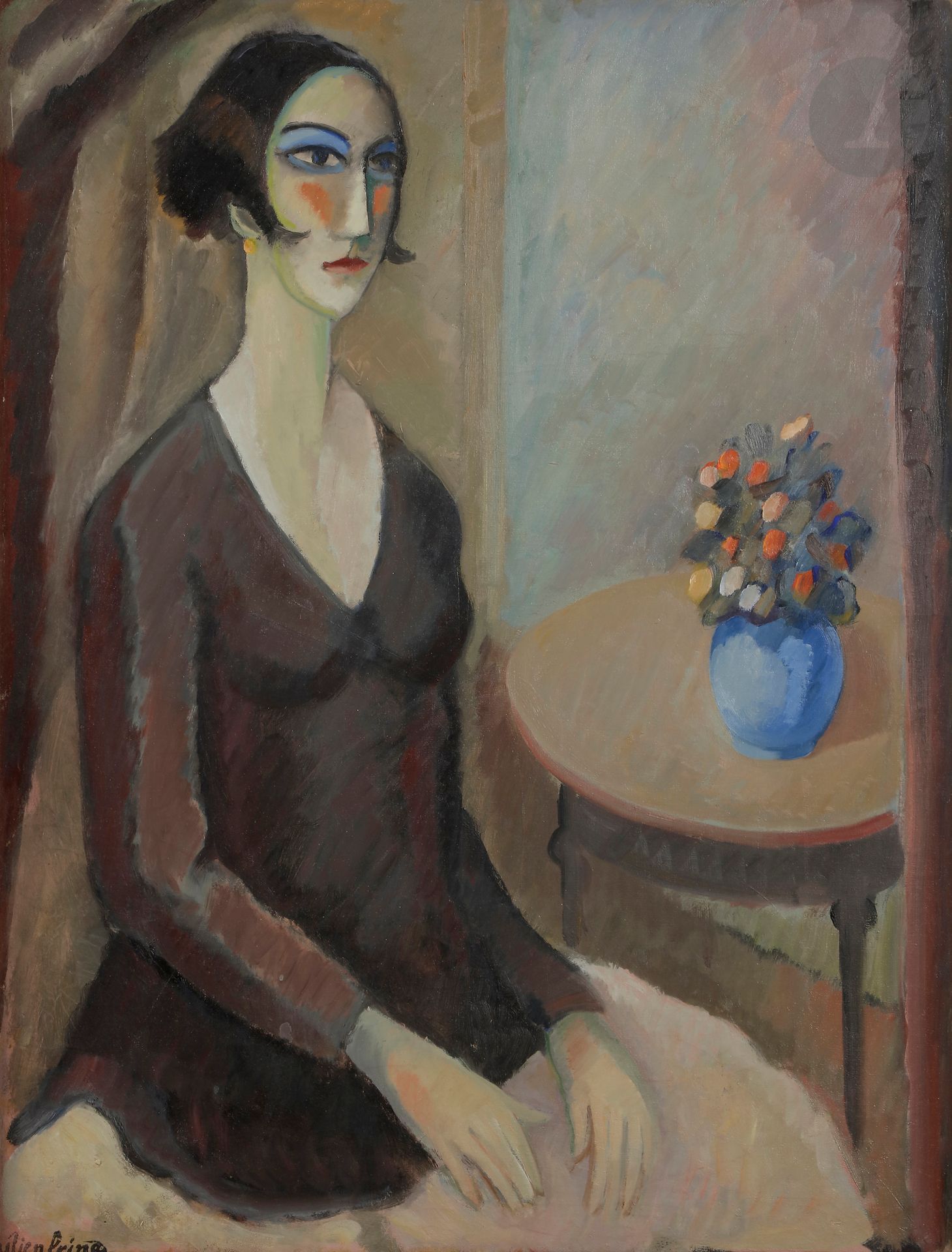 *André-Julien PRINA (1886-1941) 
Jeune femme au guéridon, vers 1930 
Huile sur toile. 
Porte le timbre de la signature en bas à gauche. 
70 x 54 cm 

Provenance : 
Vente de la succession de l'artiste, Genève (tampon au dos sur le châssis). 

Bibliographie : 
André-Julien Prina, Galerie Matignon Fine Art, Paris, 1986, reproduit au catalogue p. 5.