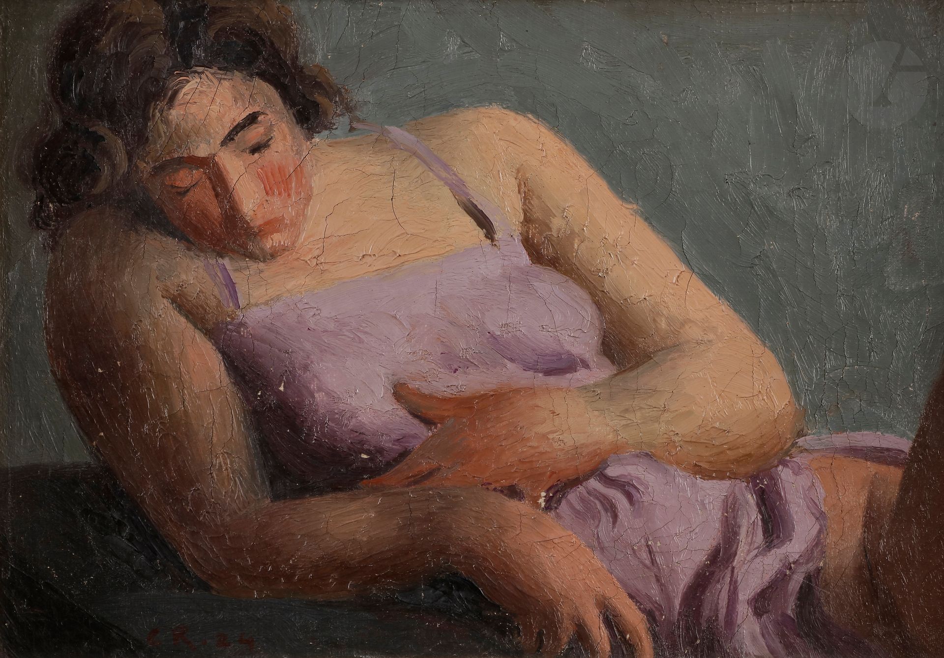 Casimir REYMOND (1893-1969) 
Femme à la robe violette, 1924 
Huile sur toile. 
Monogrammée et datée en bas à gauche. 
19 x 27 cm
