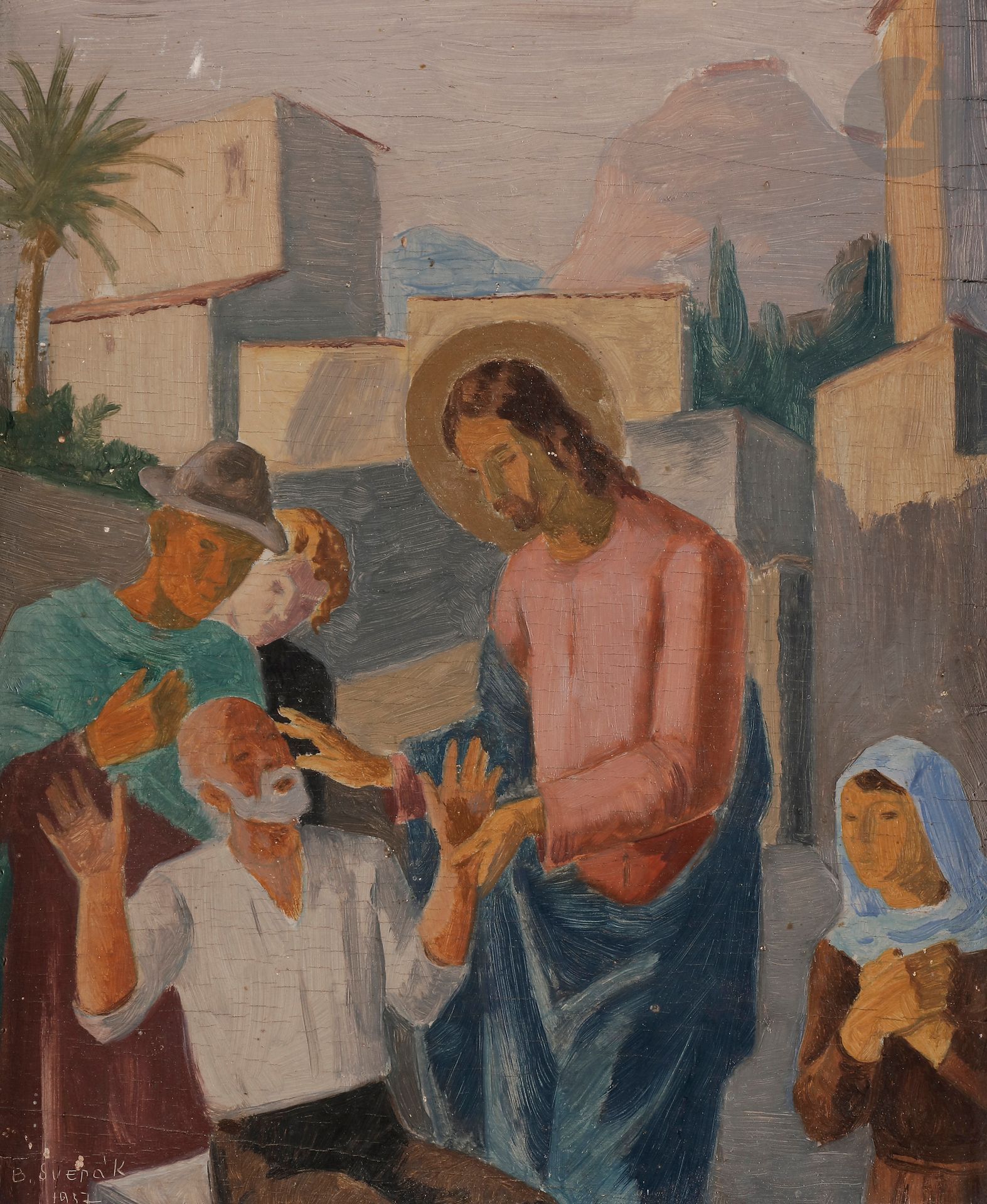 József Banati SVERAK (1897-1951) 
Jésus rendant la vue à un aveugle, 1937 
Huile sur panneau. 
Signée et datée en bas à gauche. 
(Fendillement au panneau). 
25,5 x 20,5 cm