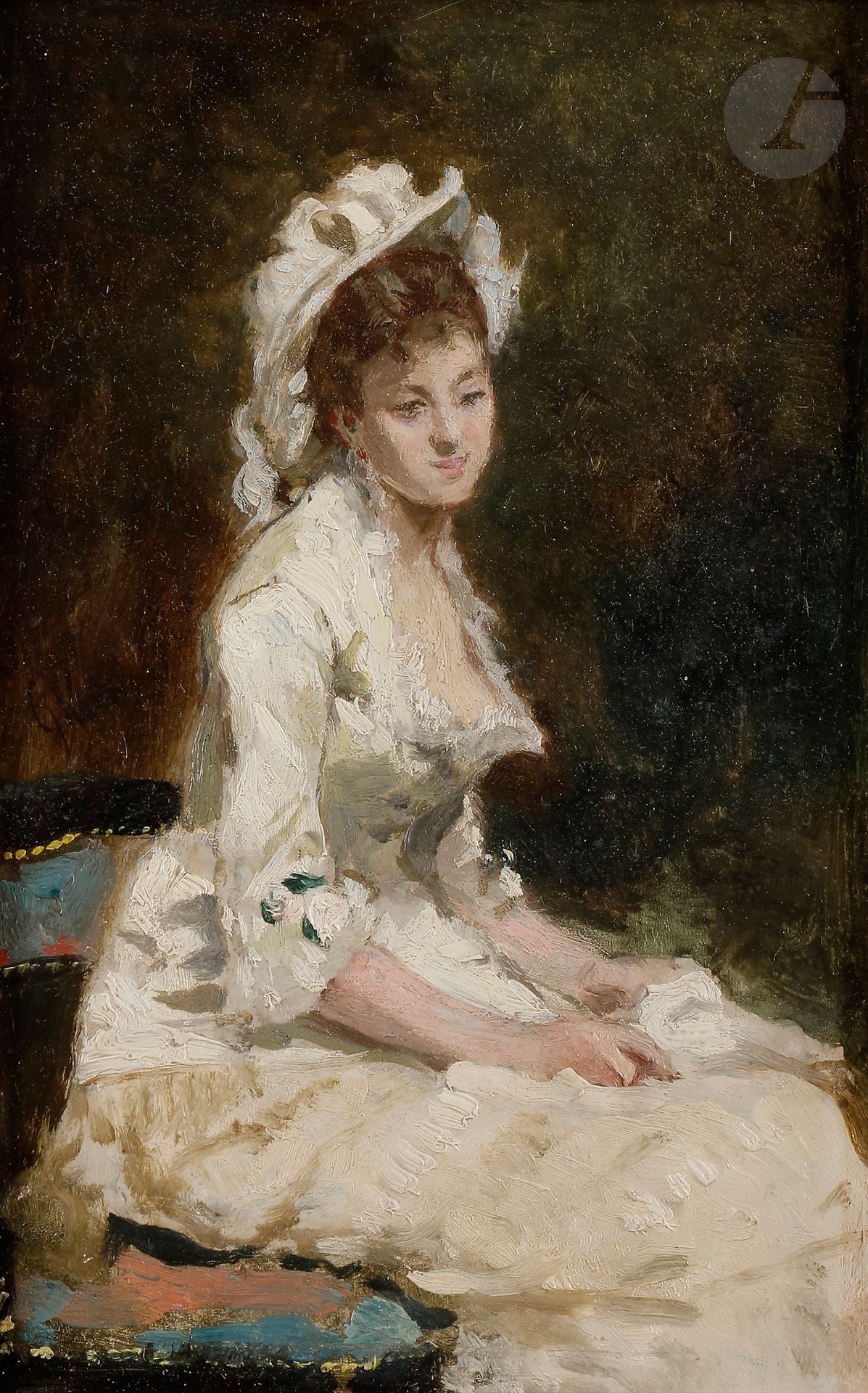 Jules CHÉRET (1836-1932) 
Jeune femme à la robe blanche 
Huile sur panneau. 
Signée sur la gauche. 
23,5 x 15,5 cm