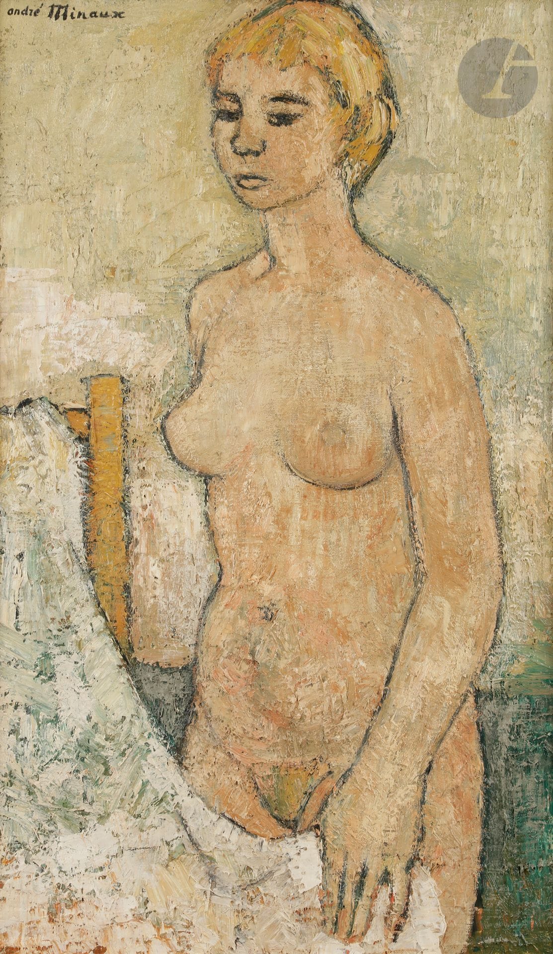 André MINAUX (1923-1986) 
Nu à la chaise, vers 1960 
Huile sur toile. 
Signée en haut à gauche. 
77 x 45 cm