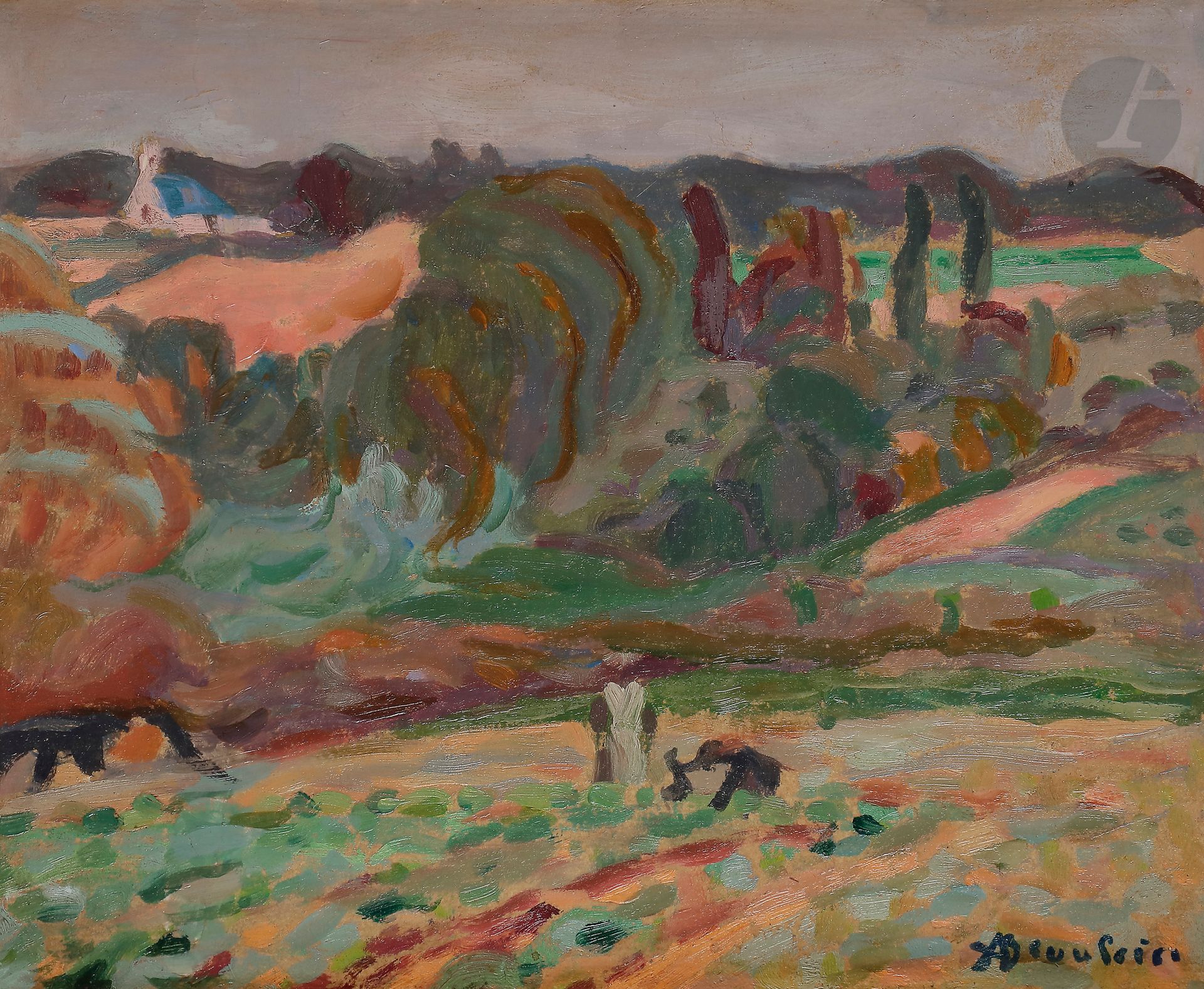 Adolphe-Marie BEAUFRÈRE (1876-1960) 
Paysannes aux champs 
Huile sur papier contrecollé sur toile. 
Signée en bas à droite. 
Porte le timbre de l'atelier au dos. 
22 x 27 cm
