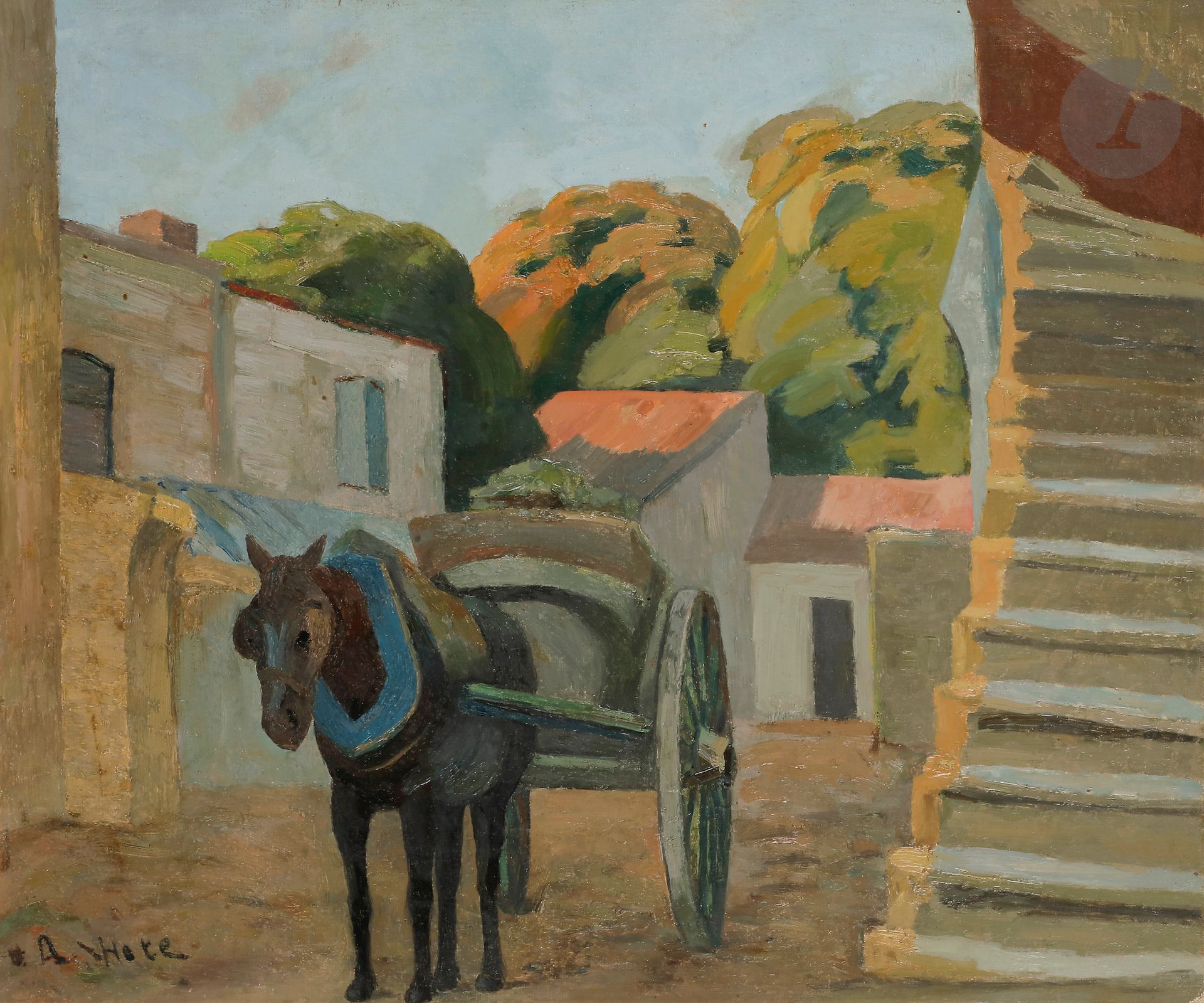 André LHOTE (1885-1962) 
Attelage, 1907-1911 
Huile sur toile. 
Signée en bas à gauche. 
(Toile découpée et rentoilée, petit manque dans un angle). 
46 x 55 cm 

Provenance : 
Vente Aguttes, Neuilly-sur-Seine, 7 décembre 2015, n° 8.

Nous remercions Madame Dominique Bermann Martin d'avoir confirmé l'authenticité de cette œuvre (certificat émis par elle et perdu à ce jour).