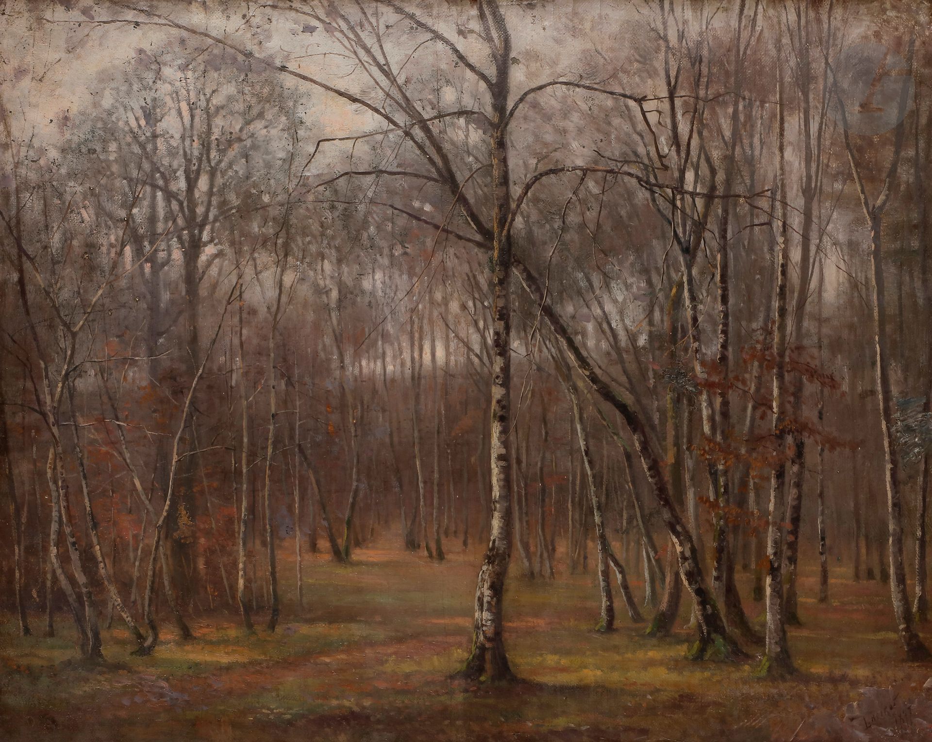 Émile NOIROT (1853-1922) 
La Forêt de Fontainebleau, 1877 
Huile sur toile contrecollée sur carton. 
Signée et datée en bas à droite. 
Titrée au dos sur le montage. 
(Restaurations). 
48 x 59 cm