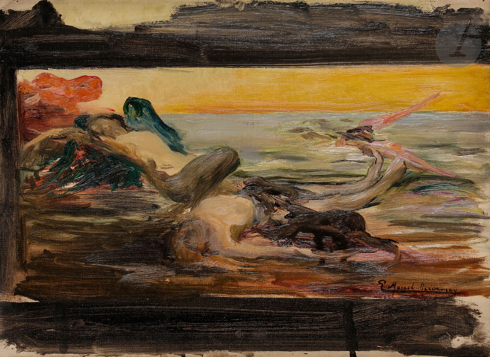 Marcel BERONNEAU (1869-1937) 
Naïades en bord de mer 
Huile sur toile contrecollée sur carton. 
Signée en bas à droite. 
25,5 x 35 cm
