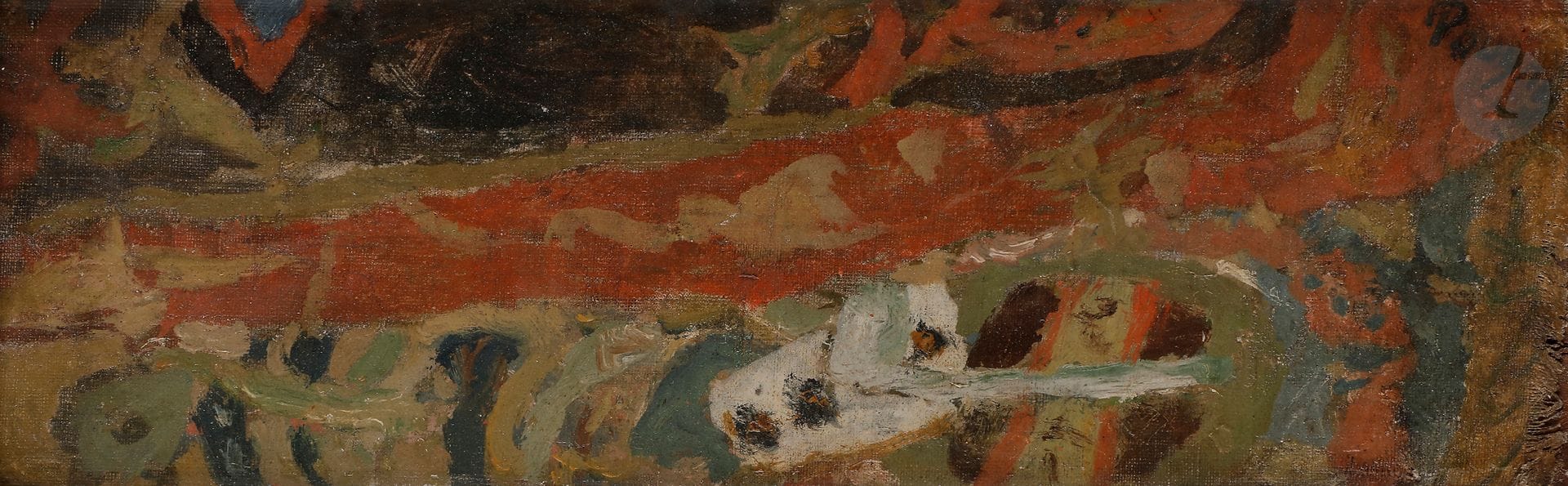 Jean Puni dit POUGNY (1892-1956) 
Playing card and pipe on tapestry, circa 1935-36 
Oil on canvas mounted on isorel. 
Signed upper right. 
Signed on the back. 
12 x 34 cm 

Exhibition: 
Salon des tuileries, Paris, 1939



. 
 

 
 

Bibliography : 
Herman Berninger, Jean-Albert Cartier, Jean Pougny 1892-1956, Catalogue de l'œuvre, Tome 2 : Paris - Côte d'Azur, 1924-1956, Peintures, Tübingen, Éditions Ernst Wasmuth, 1992, n° 462, reproduced p. 134
. 
 

This work bears the archive number: 561-203B.












