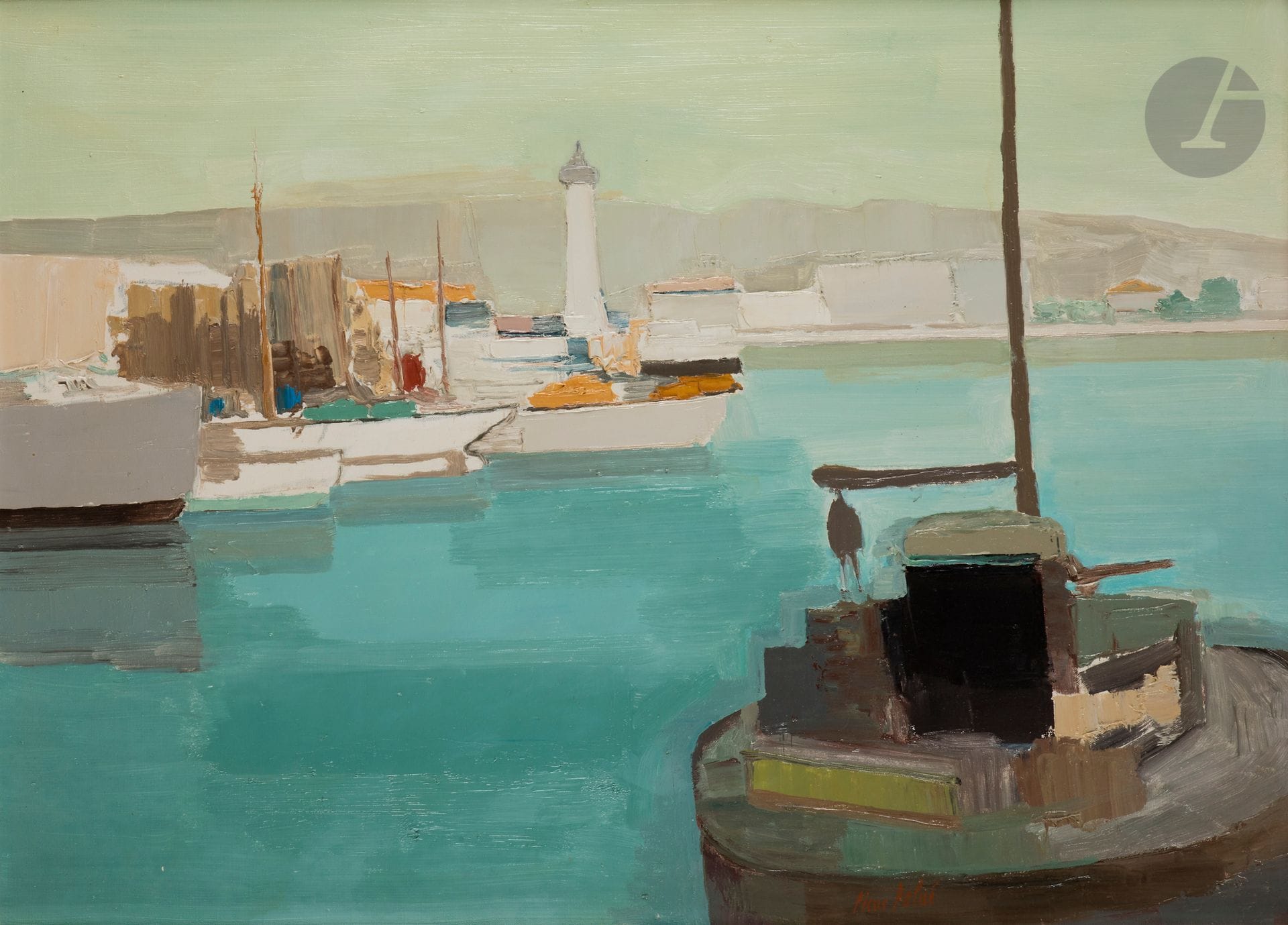 Pierre PALUÉ (né en 1920) 
Bateaux au port 
Huile sur toile. 
Signée en bas vers la droite. 
54 x 73 cm