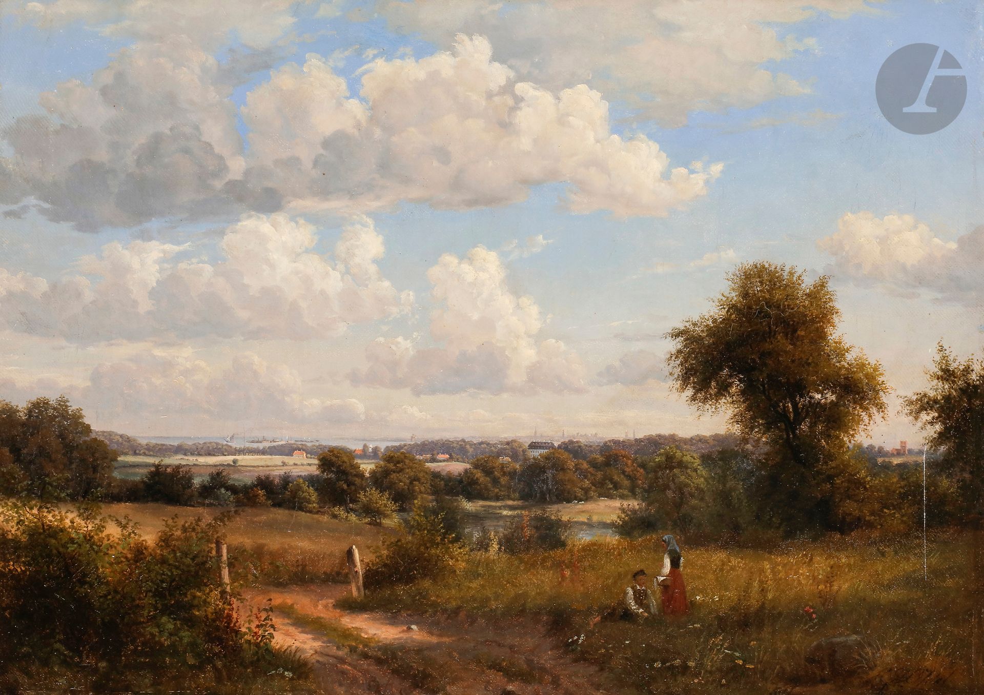 Oscar Magnus LÖFDAHL (1811-1895) 
Couple avec vue sur Copenhague 
Huile sur toile. 
Signée en bas à droite. 
39 x 55 cm 

Provenance : 
Vente Phillips, Londres, 12 mars 1996, n° 24.