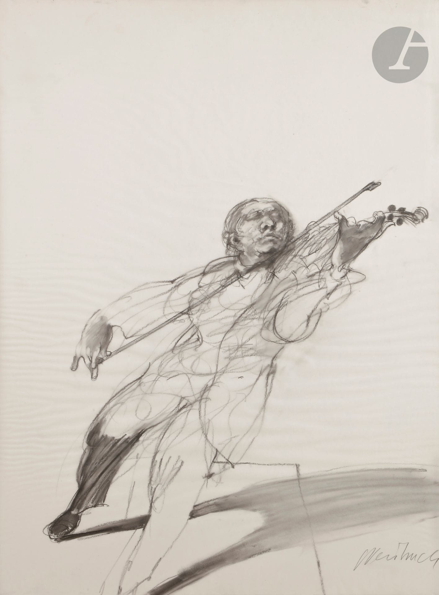 Claude WEISBUCH (1927-2014) 
Violoniste 
Fusain et estompe sur calque. 
Signé en bas à droite. 
75 x 56 cm