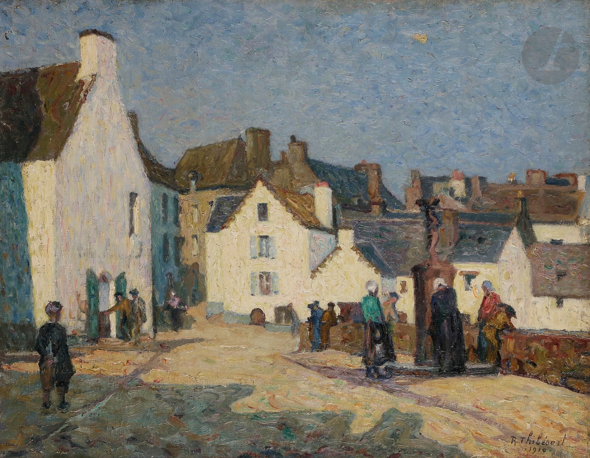 Raymond THIBÉSART (1874-1968) 
Douarnenez animé, 1910 
Huile sur toile. 
Signée et datée en bas à droite. 
(Petit accident). 
50 x 65 cm 

Provenance : 
Famille de l'artiste.