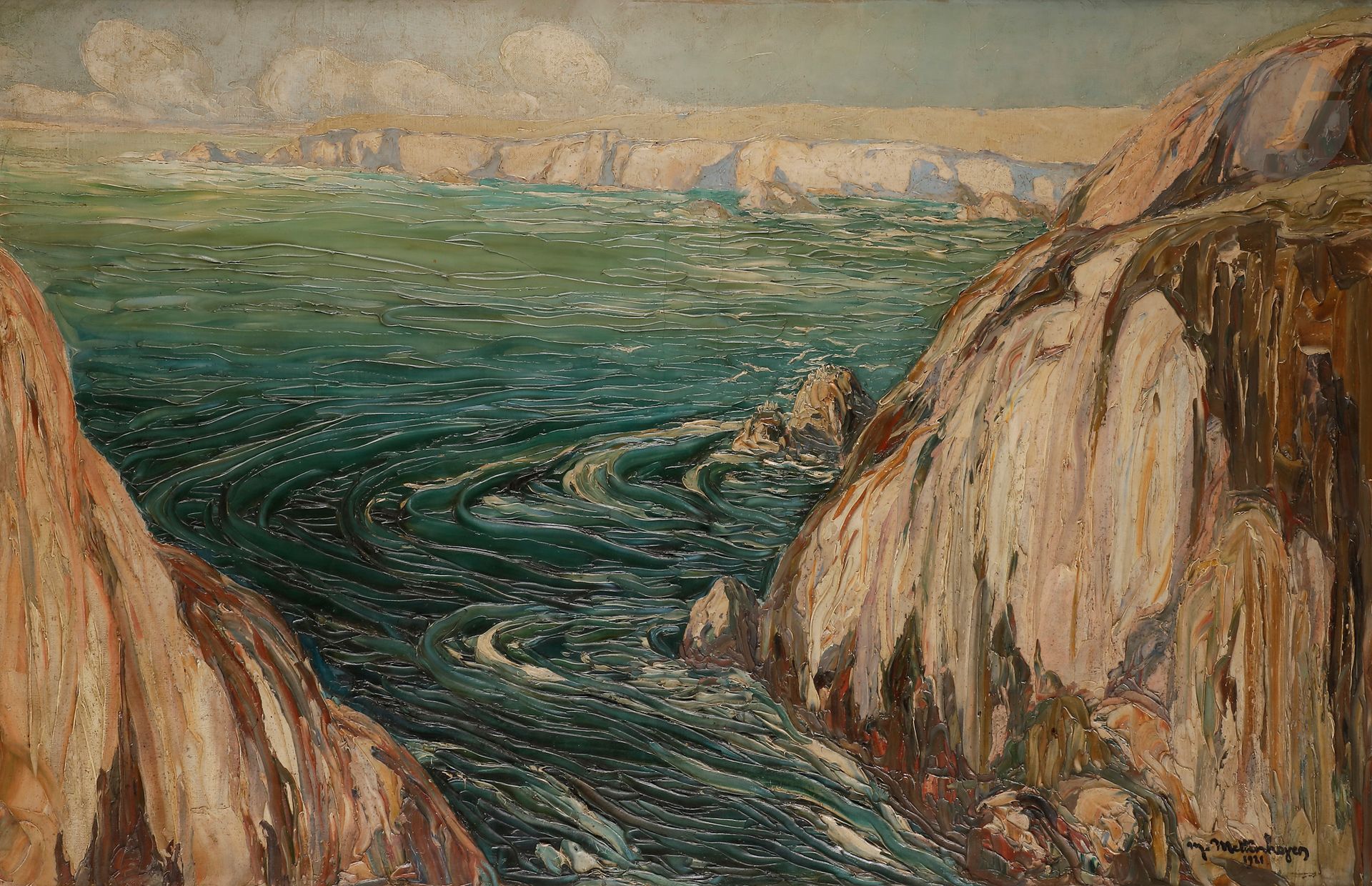 Marcel METTENHOVEN (1891-1979) 
Cliffs in Brittany, 1921 
Oil on canvas. 
Signed and dated lower right. 
(Dirt). 
65 x 100 cm




