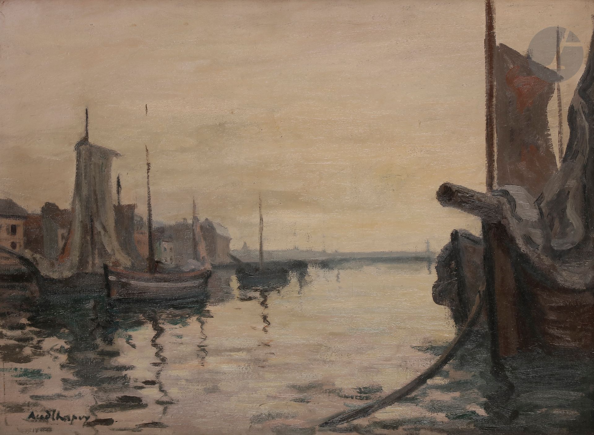 André CHAPUY (c.1885-1941) 
Barques, bassin du Havre 
Huile sur toile. 
Signée en bas à gauche. 
Titrée au dos sur une étiquette. 
(Restaurations). 
60 x 81 cm