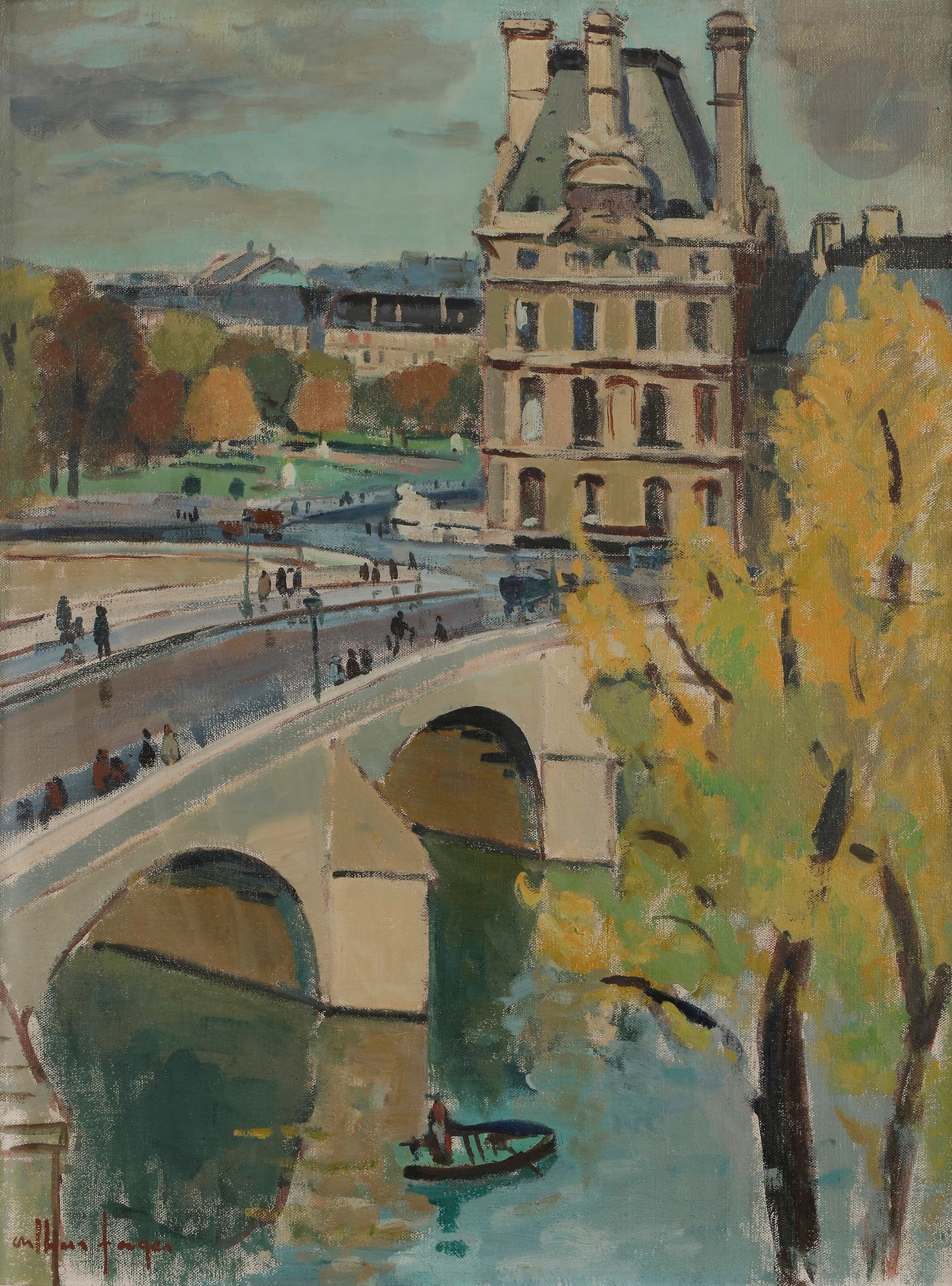 Arthur Raoul FAGES (1902-1984) 
Paris, la Seine au Louvre 
Huile sur toile. 
Signée en bas à gauche. 
65 x 50 cm