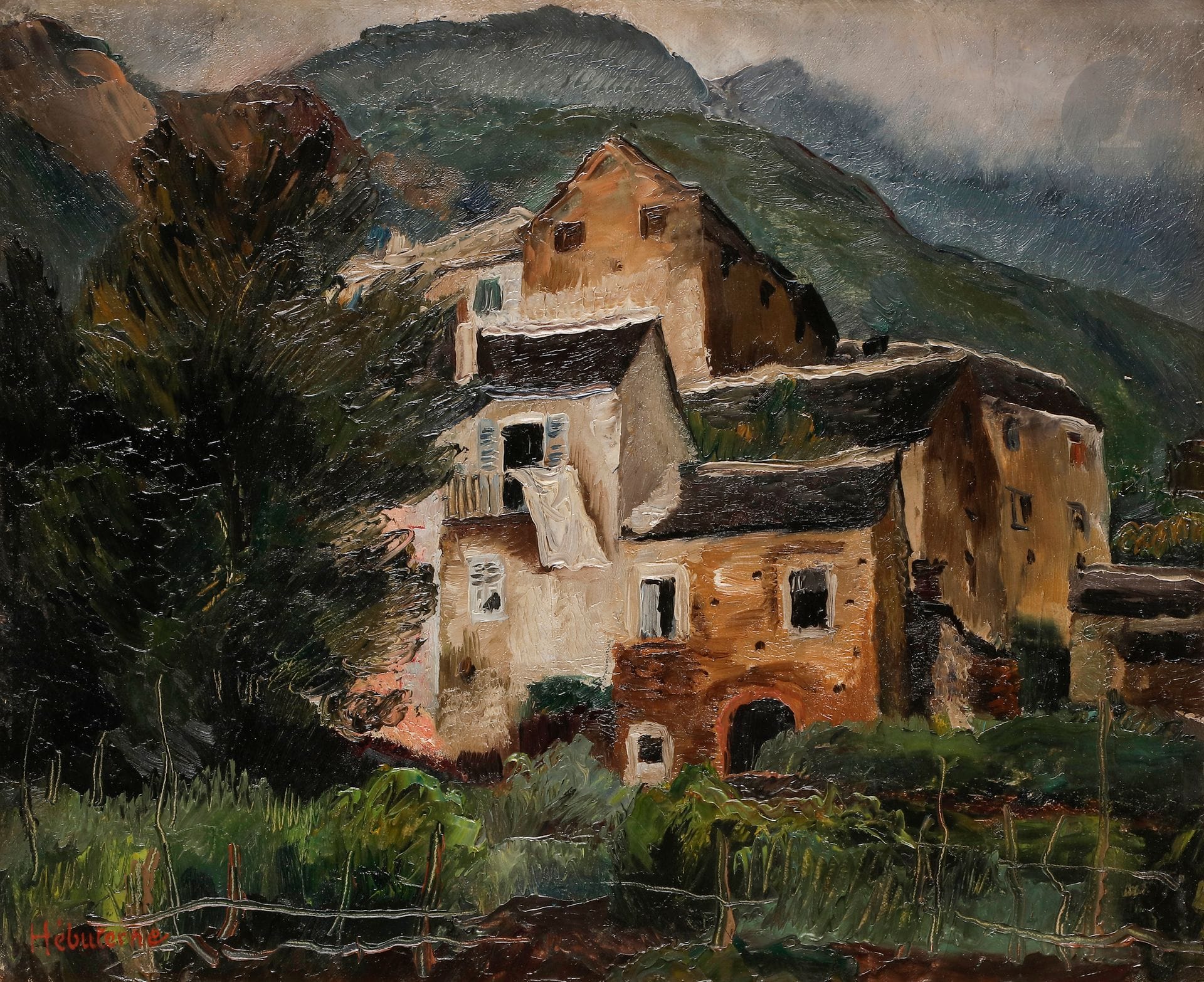 André HÉBUTERNE (1892-1979) 
Cap Corse, maison à Mausoléo 
Huile sur toile. 
Signée en bas à gauche. 
33 x 41 cm 

Provenance : 
Galerie Vildrac, Paris (étiquette au dos).