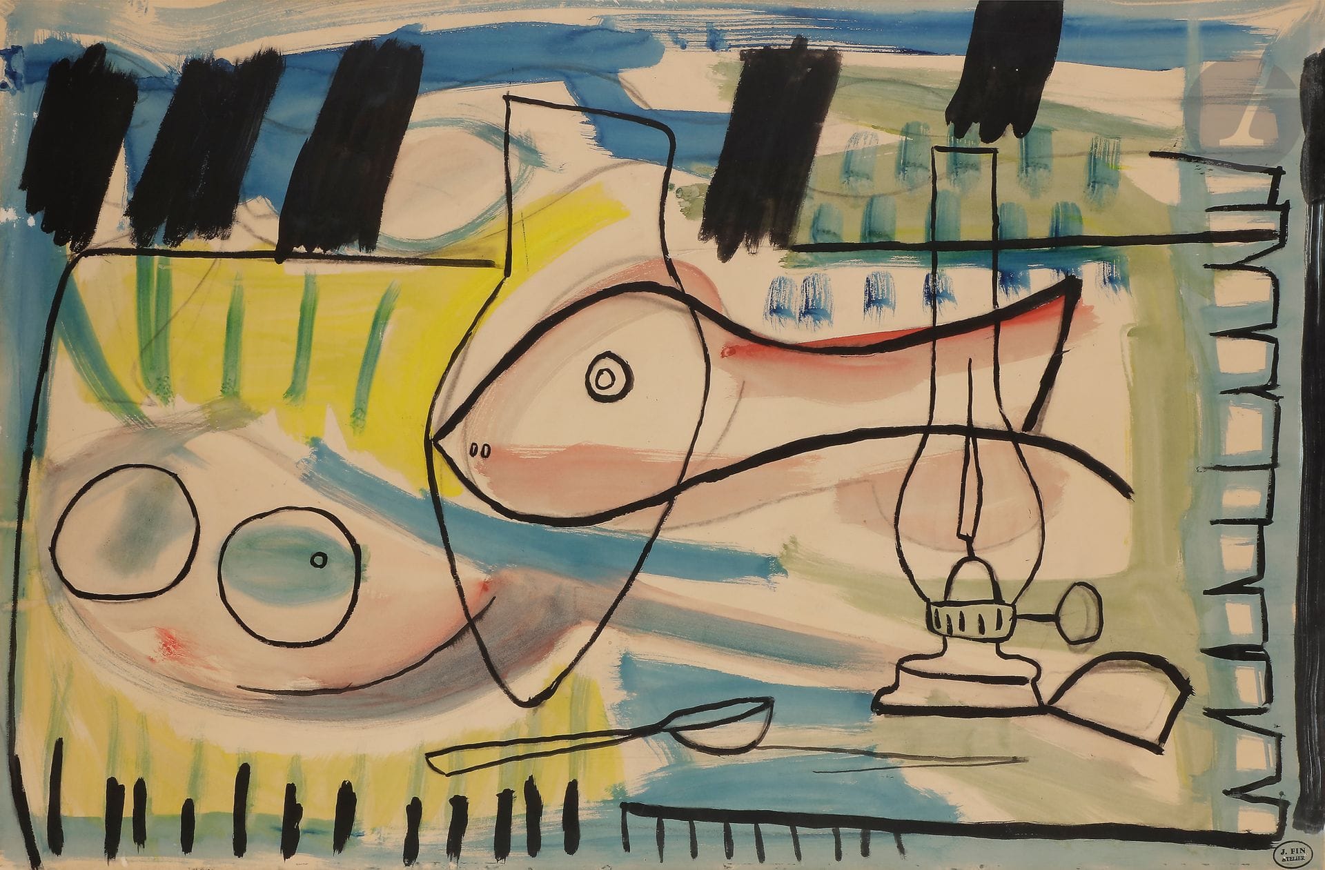 José Vilato Ruiz dit José FIN 
(1916-1969) 
Nature morte à la lampe et au poisson 
Gouache. 
Porte le timbre de l'atelier en bas à droite. 
65 x 98 cm 

Provenance : 
Galerie Saint Martin, Cognac (étiquette au dos).