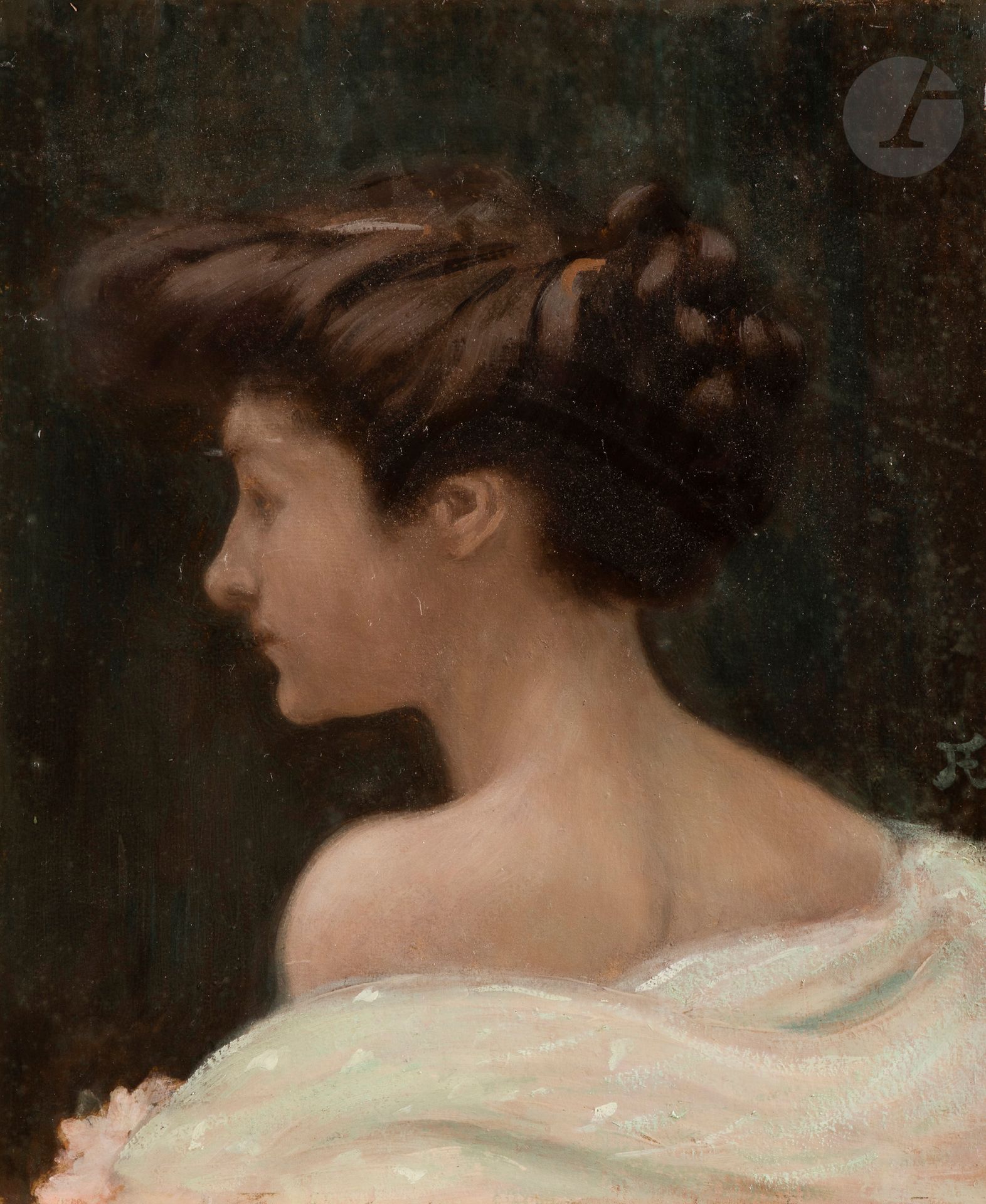 Jean-Francis AUBURTIN (1866-1930) 
Portrait de femme de dos 
Huile sur panneau. 
Monogrammée sur la droite. 
45,5 x 38 cm