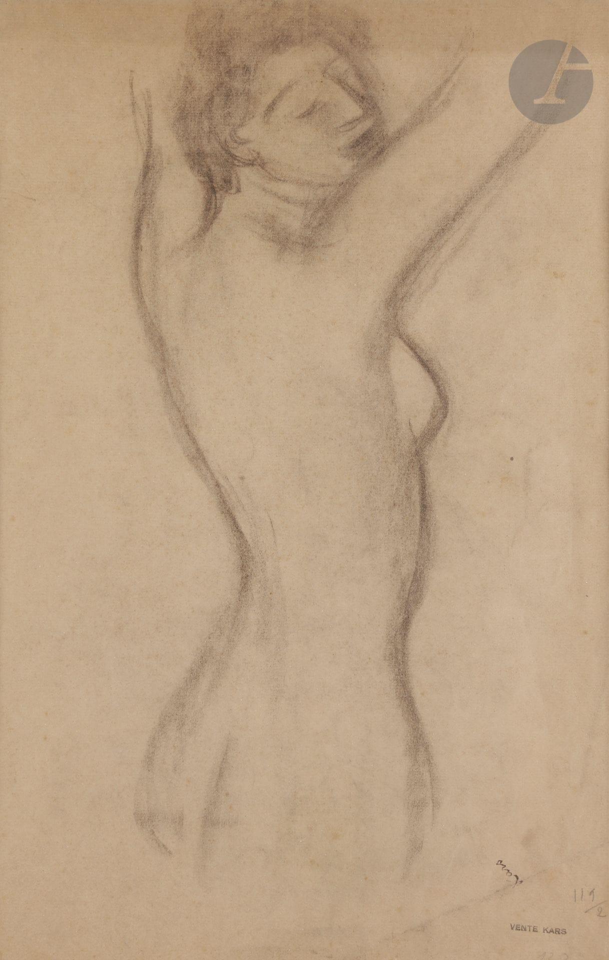 Jiri Karpeles, dit Georges KARS (1882-1945) 
Nu les bras levés 
Crayon et estompe. 
Porte le timbre de l'atelier en bas à gauche. 
(Pli cassé dans un angle). 
48 x 30 cm

Nous remercions Mesdames Nadine Nieszawer et Marianne Le Morvan d'avoir confirmé l'authenticité de cette œuvre.