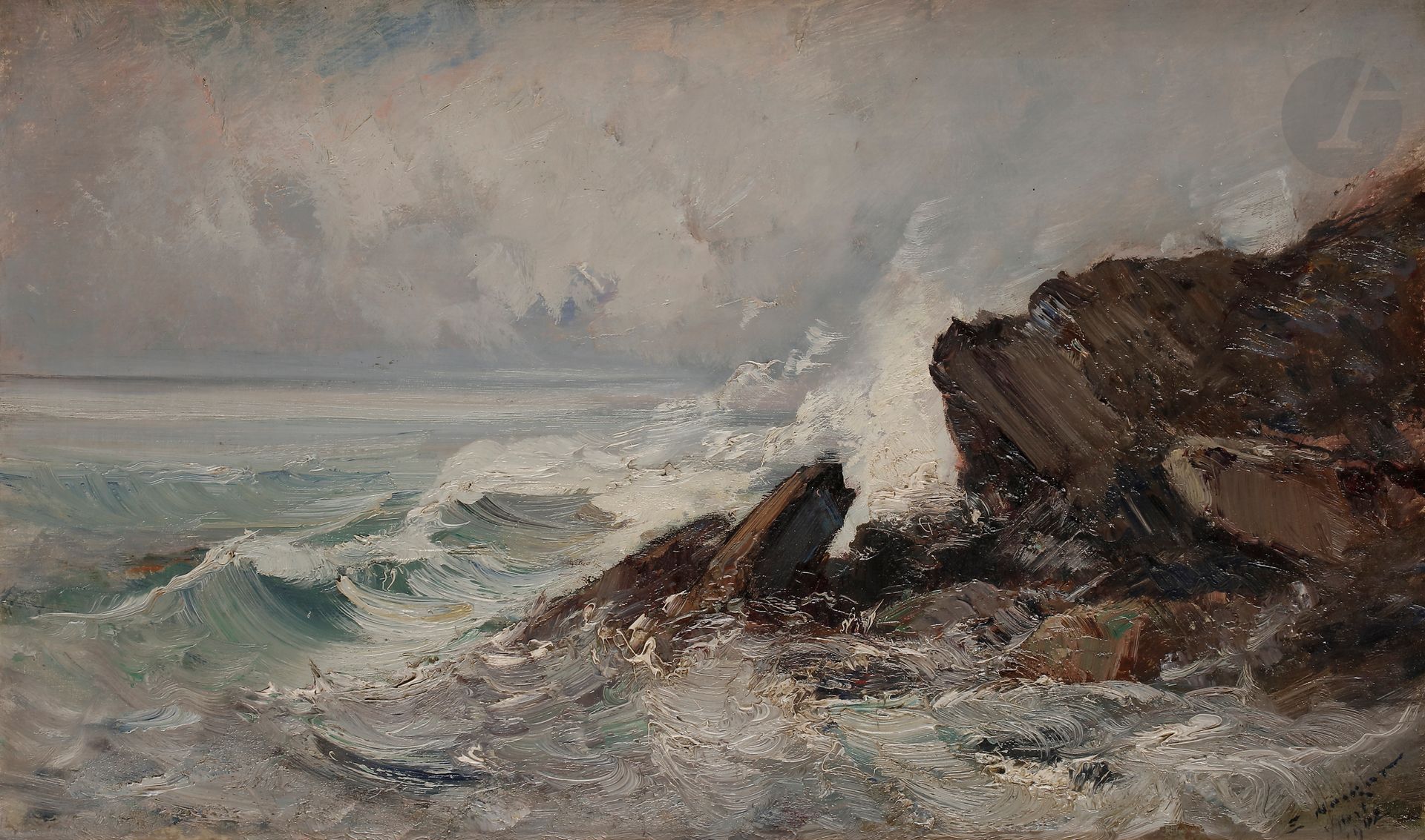 Émile NOIROT (1853-1922) 
Mer agitée à Yport, 1902 
Huile sur toile. 
Signée, datée et située en bas à droite. 
38 x 61 cm