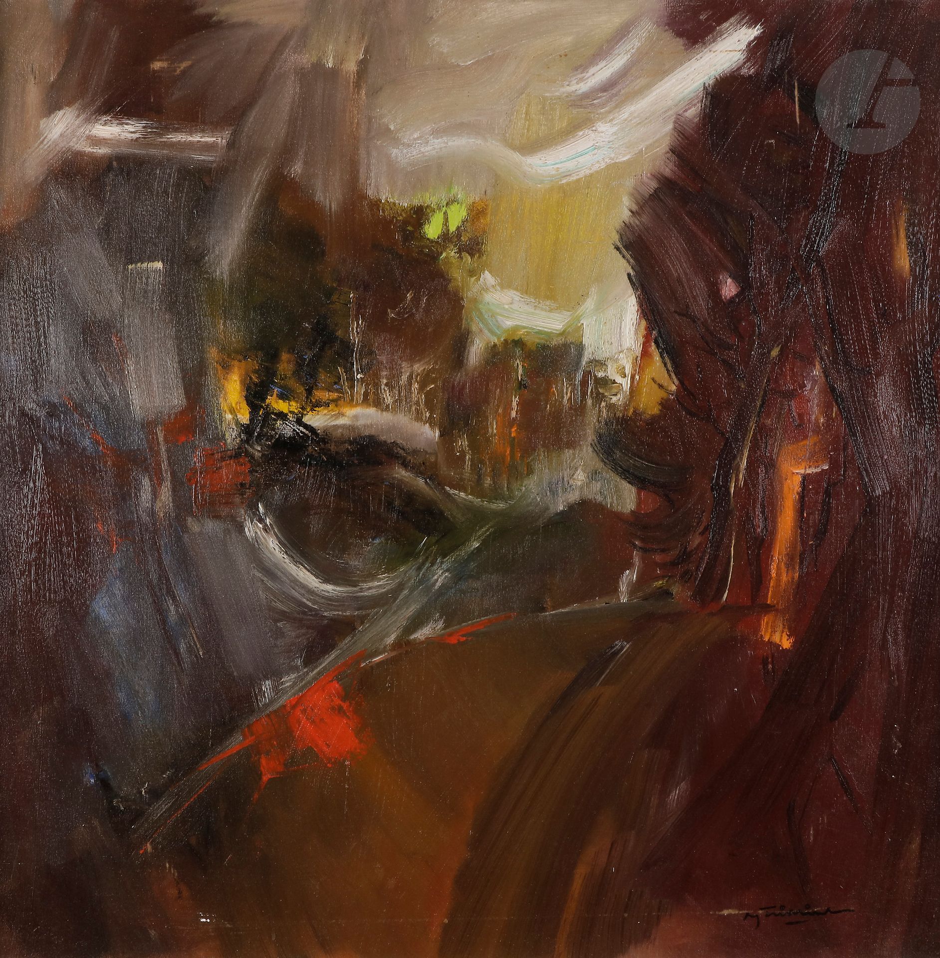 Tri Minh NGUYEN [Vietnamese] (1924-2010) 
Landscape at the bridge 
Oil on canvas. 
Signed lower right. 
(Rubbing). 
96 x 96 cm




