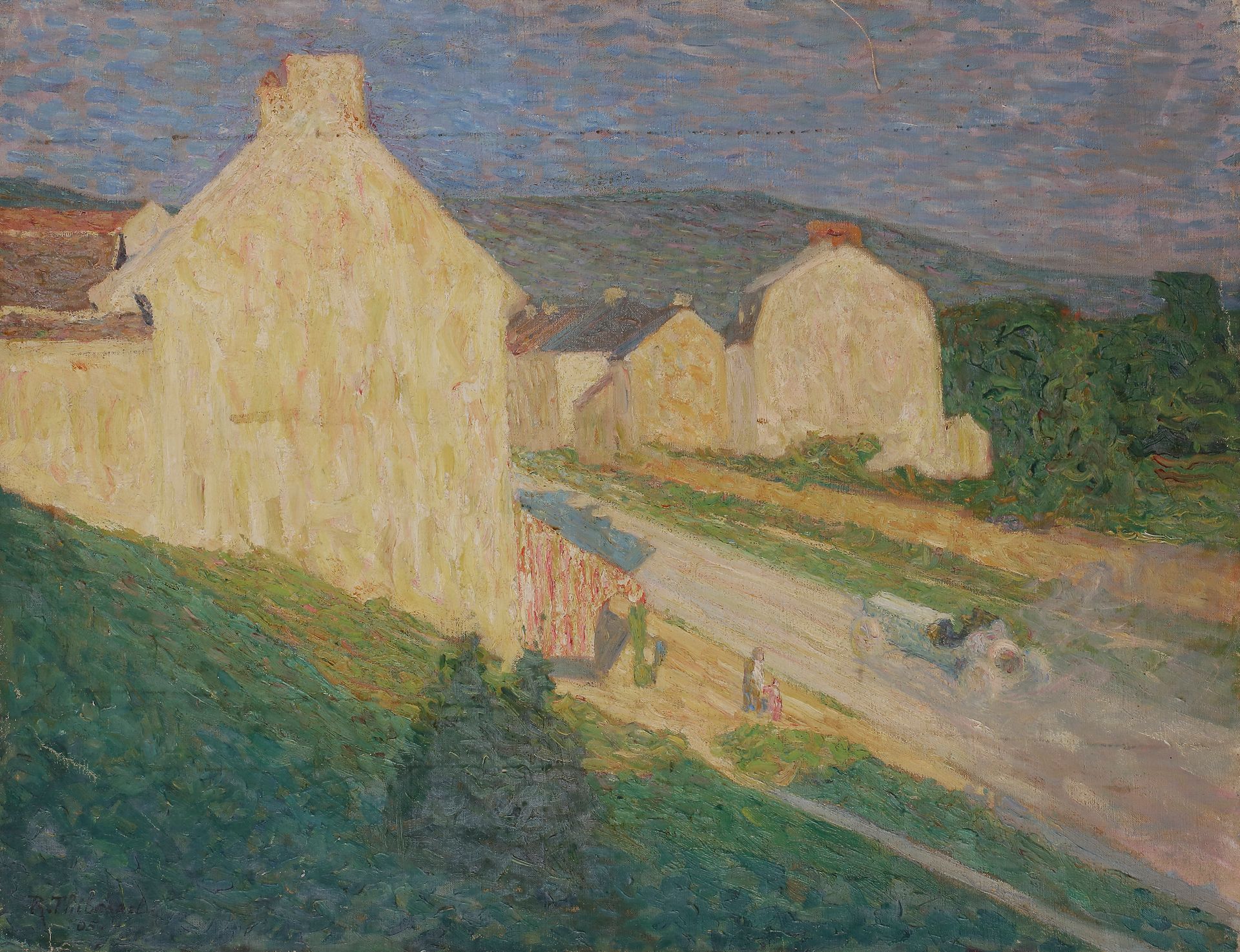 Raymond THIBÉSART (1874-1968) 
L'Entrée du bourg, 1905 
Huile sur toile. 
Signée et datée en bas à gauche. 
Signée, datée et titrée au dos. 
50 x 65 cm 

Provenance : 
Famille de l'artiste.