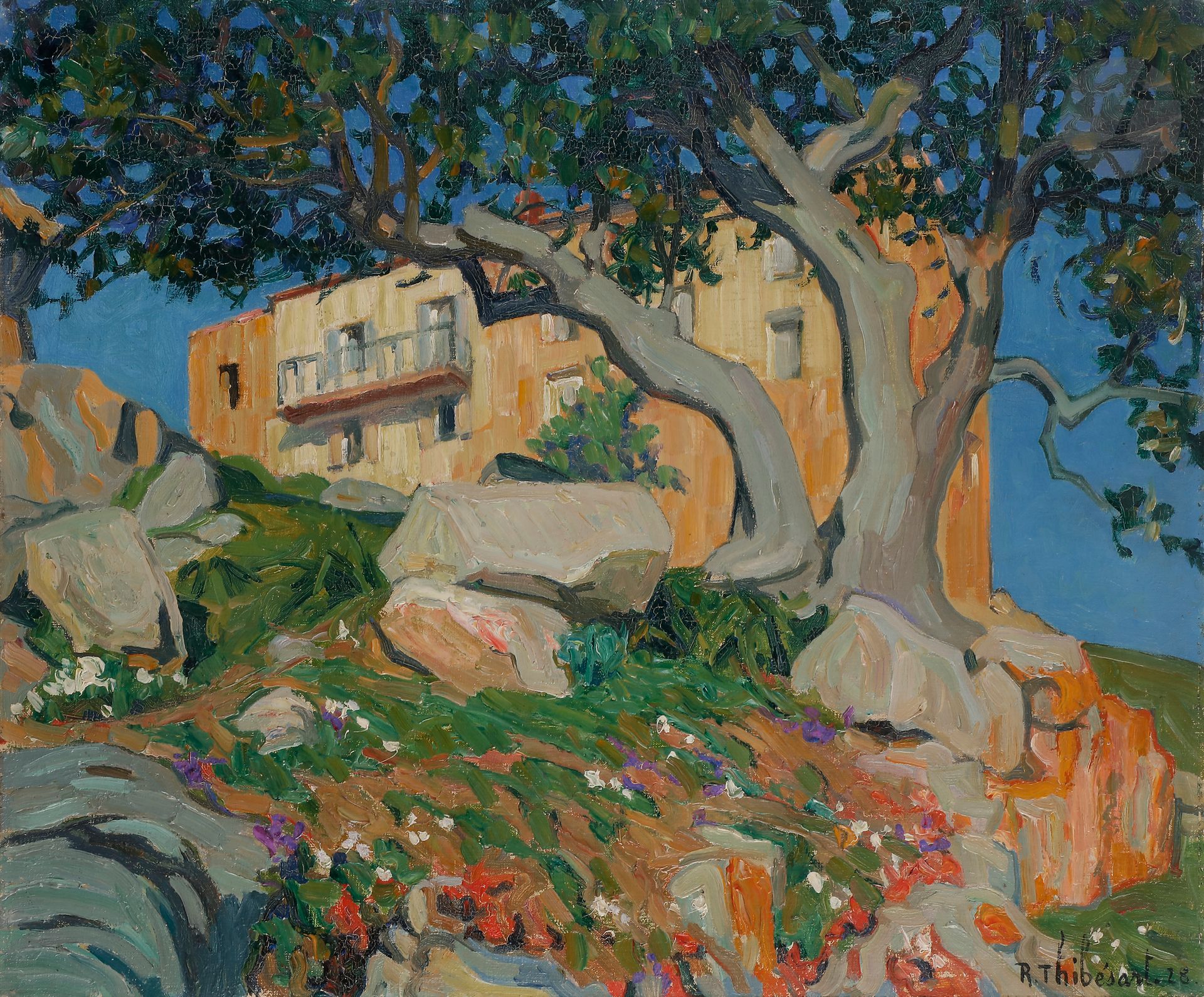 Raymond THIBÉSART (1874-1968) 
Corse, Piana, les oliviers, 1928 
Huile sur toile. 
Signée et datée en bas à droite. 
Signée, datée et titrée au dos. 
54 x 65 cm 

Provenance : 
Famille de l'artiste.