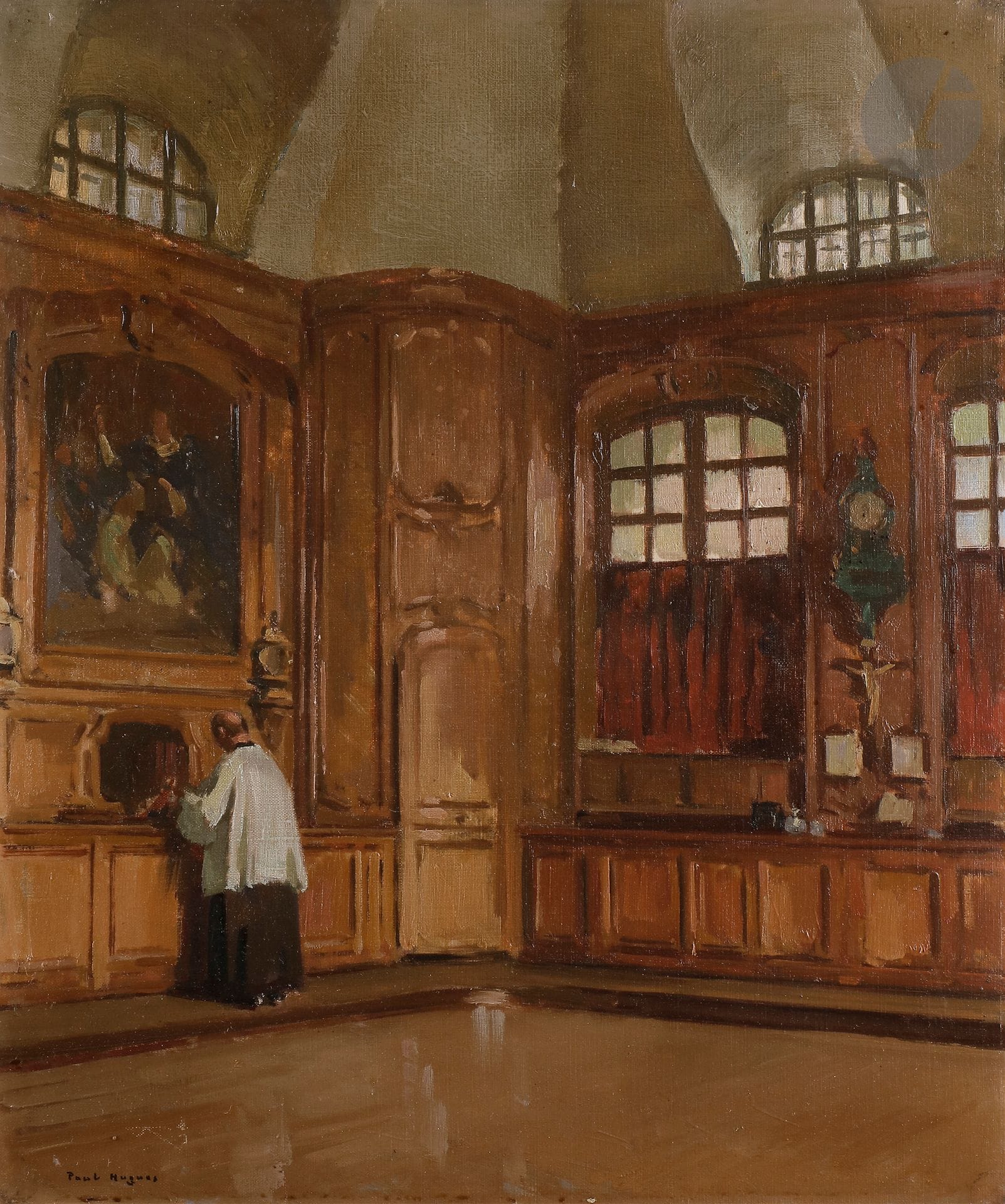 Paul Jean HUGUES (1891-1950) 
Curé dans sa sacristie 
Huile sur toile. 
Signée en bas à gauche. 
55 x 46 cm