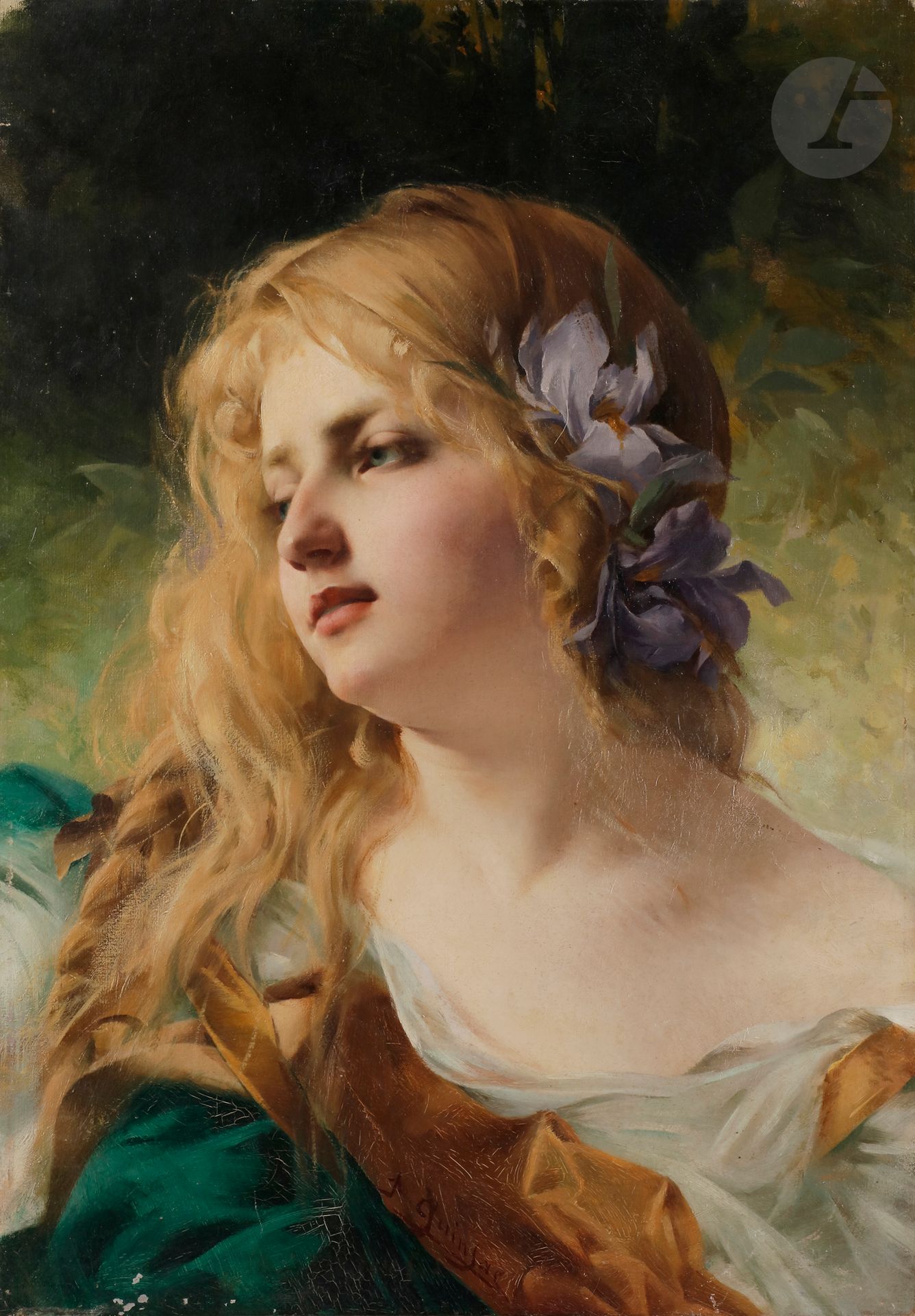 Paul QUINSAC (1858-1929) 
Allégorie du Printemps, 1905 
Huile sur toile. 
Signée en pied. 
(Craquelures et petits manques). 
57 x 40 cm