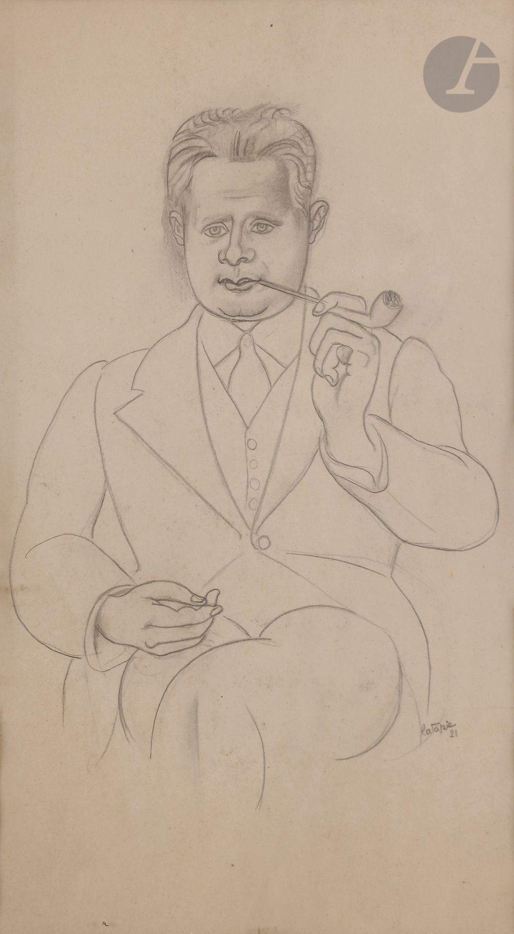 Louis LATAPIE (1891-1972) 
Portrait d'homme à la pipe, 1921 
Crayon et estompe. 
Signé et daté en bas à droite. 
42,5 x 23,5 cm