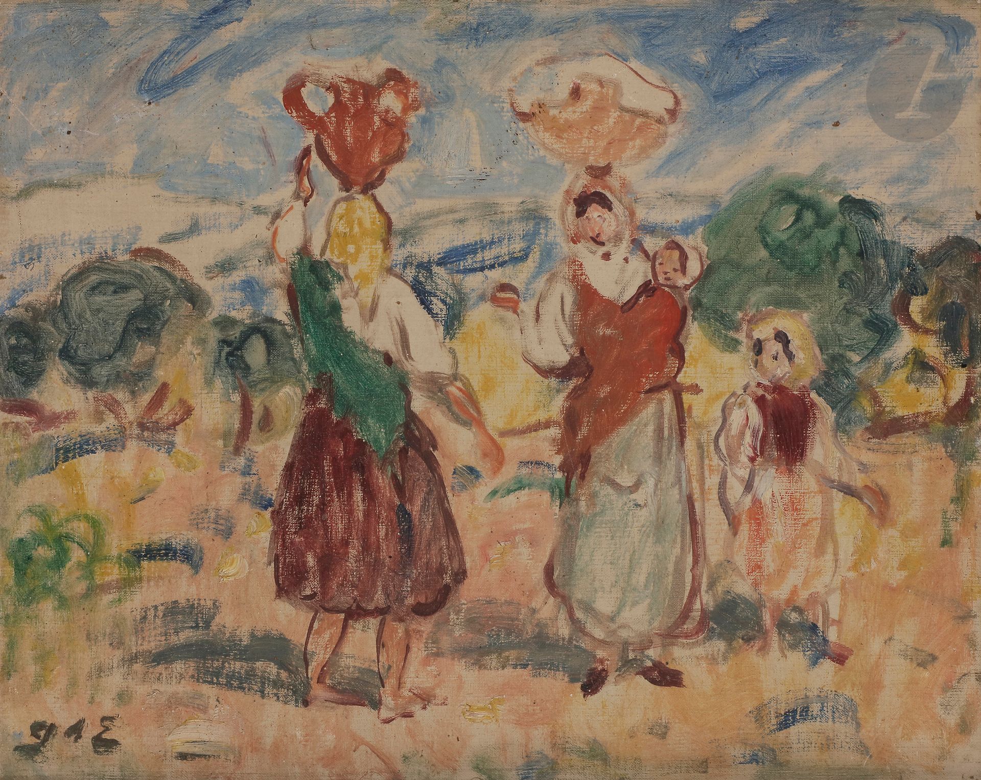 Georges d'ESPAGNAT (1870-1950) 
Paysannes, vers 1903 
Huile sur carton toilé. 
Signée en bas à gauche. 
32 x 40 cm 

Provenance : 
Collection Rouart, Paris (étiquette manuscrite sur le cadre). 

Un certificat de Monsieur Jean-Dominique Jacquemond pourra être remis à la charge de l'acquéreur.