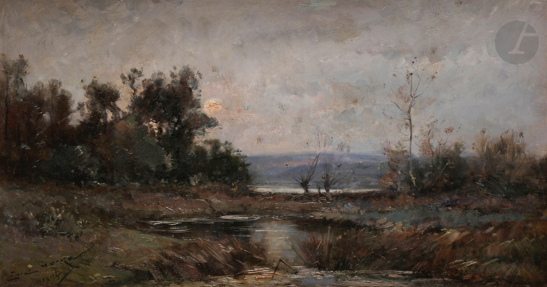 Émile NOIROT (1853-1922) 
Loire, fin d'automne, 1894 
Huile sur toile. 
Signée et datée en bas à gauche. 
Signée, datée et titrée au dos. 
38,5 x 68 cm