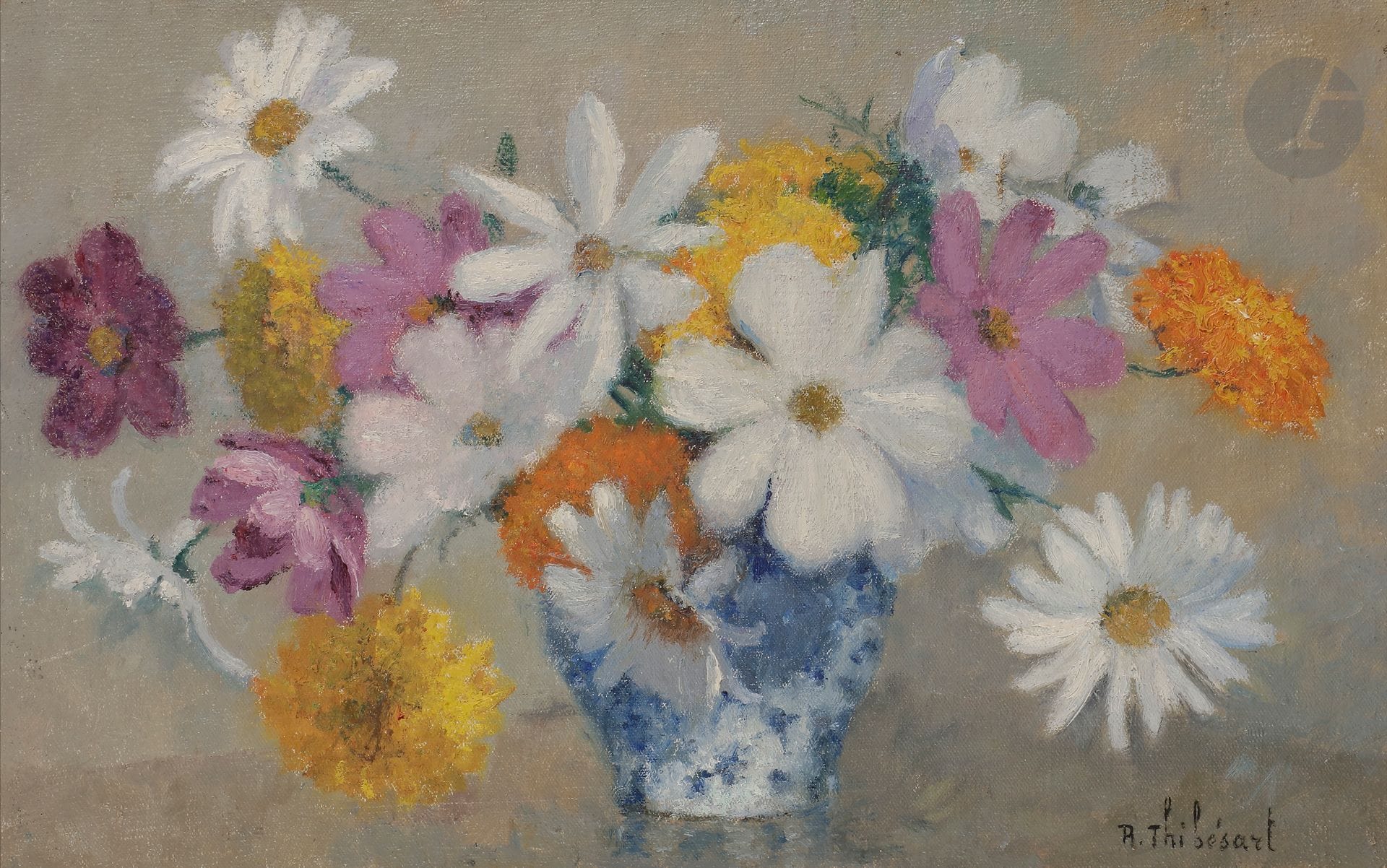 Raymond THIBÉSART (1874-1968) 
Bouquet 
Oil on canvas. 
Signed lower right. 
Titled on the back. 
(Small accident). 
29 x 46 cm 

Provenance: 
Family of the artist


.





