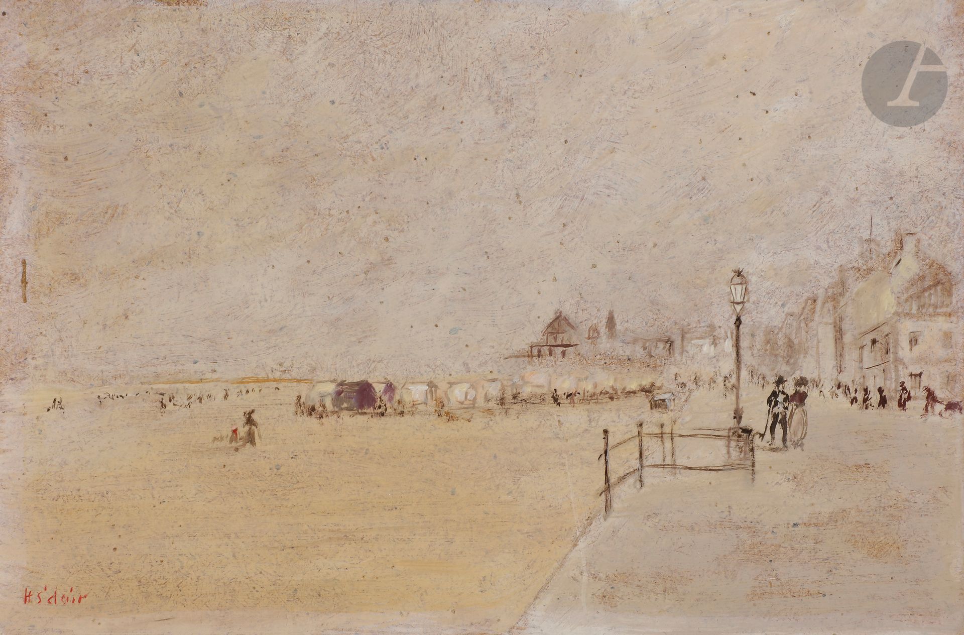 Henri SAINT-CLAIR (1899-1990) 
Promenade à Deauville 
Huile sur isorel. 
Signée en bas à gauche. 
Signée au dos. 
16 x 24 cm
