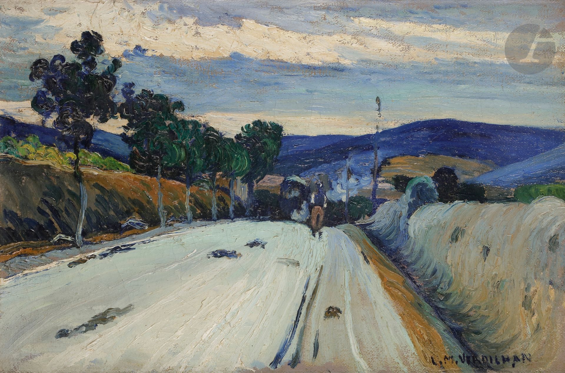 Louis-Mathieu VERDILHAN (1875-1928) 
L'Homme sur la route 
Huile sur toile. 
Signée en bas à droite. 
(Craquelures). 
49 x 73 cm